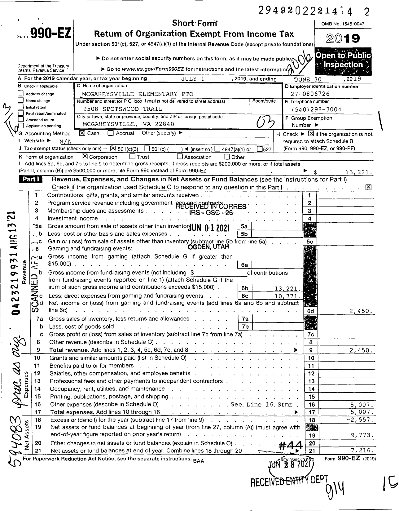 Image of first page of 2019 Form 990EZ for Mcgaheysville Elementary Pto