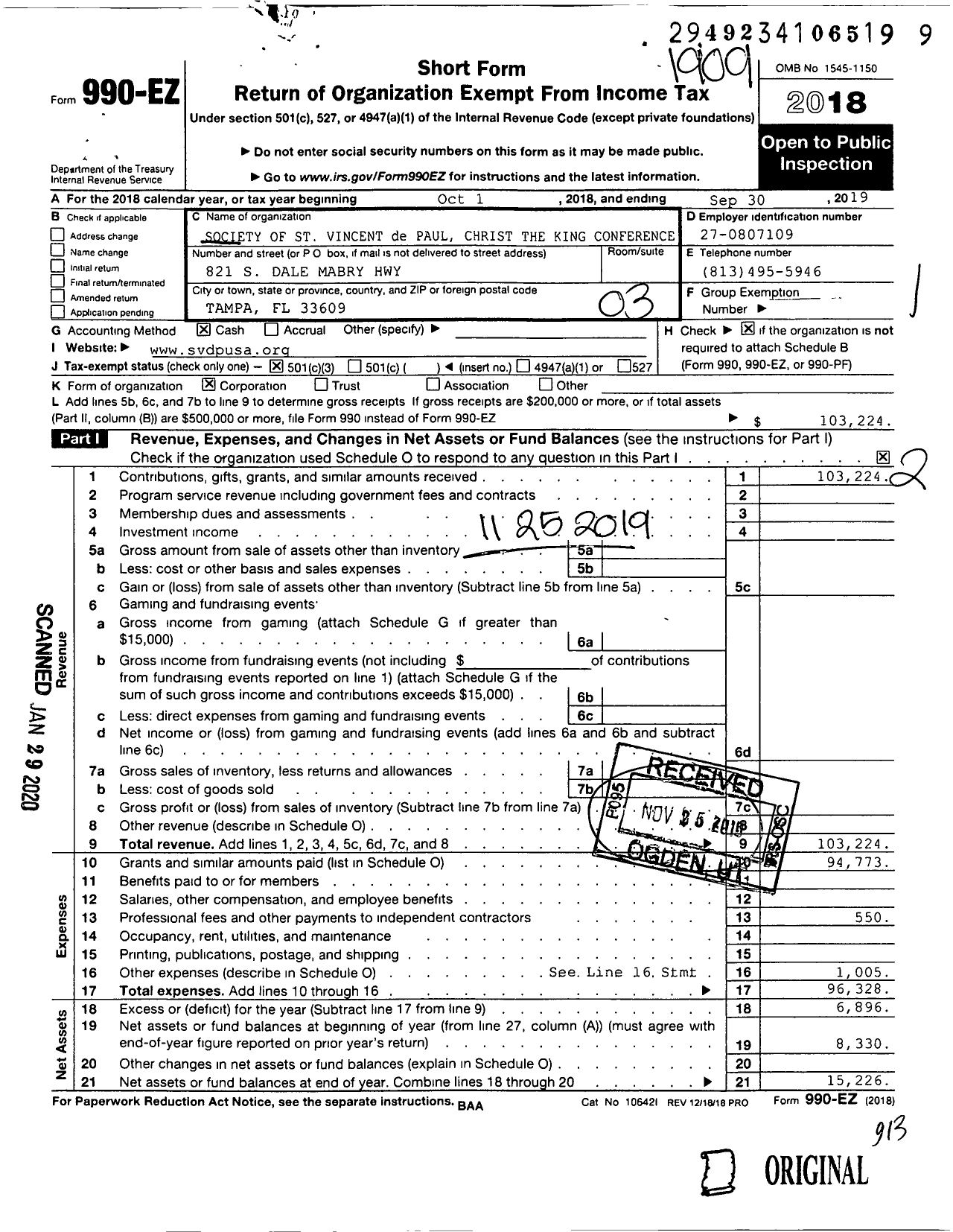 Image of first page of 2018 Form 990EZ for Society of St Vincent de Paul Christ The King Conference