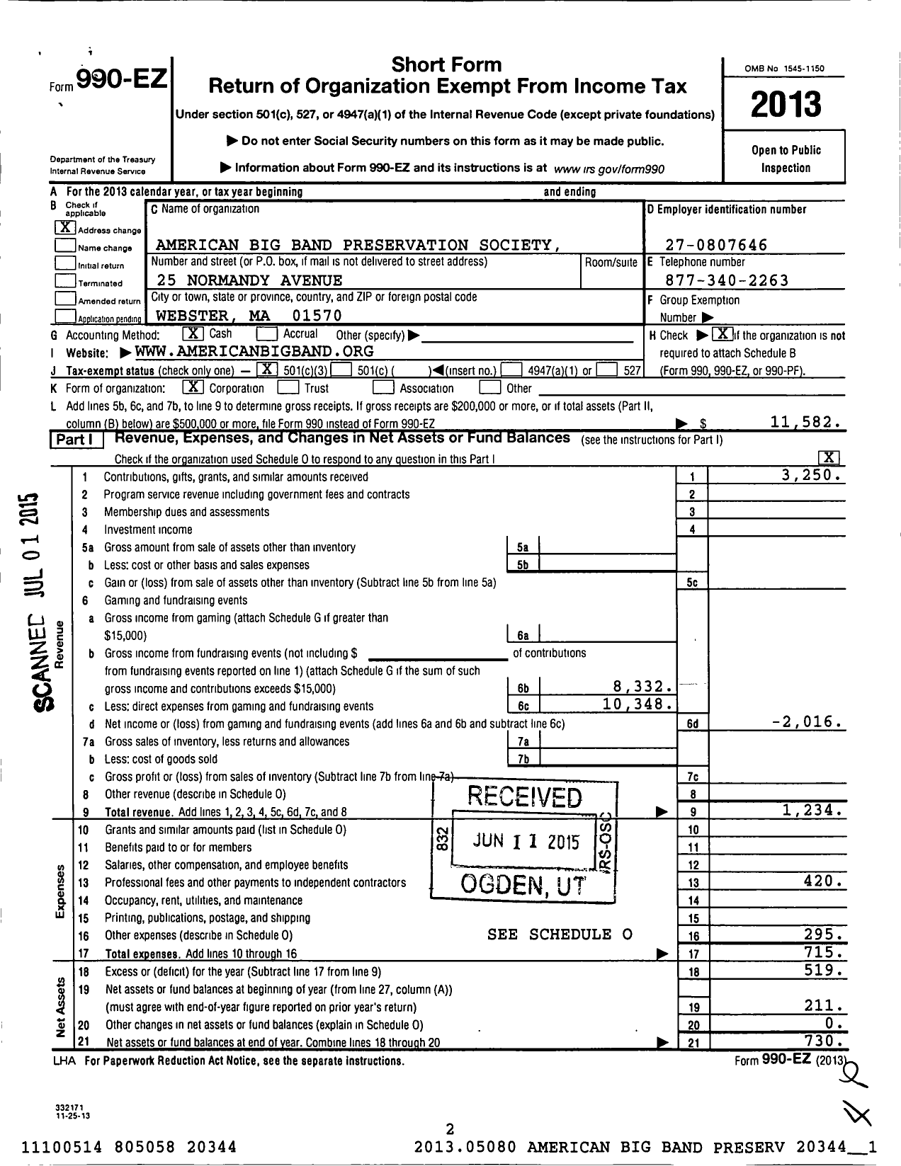 Image of first page of 2013 Form 990EZ for American Big Band Preservation Society