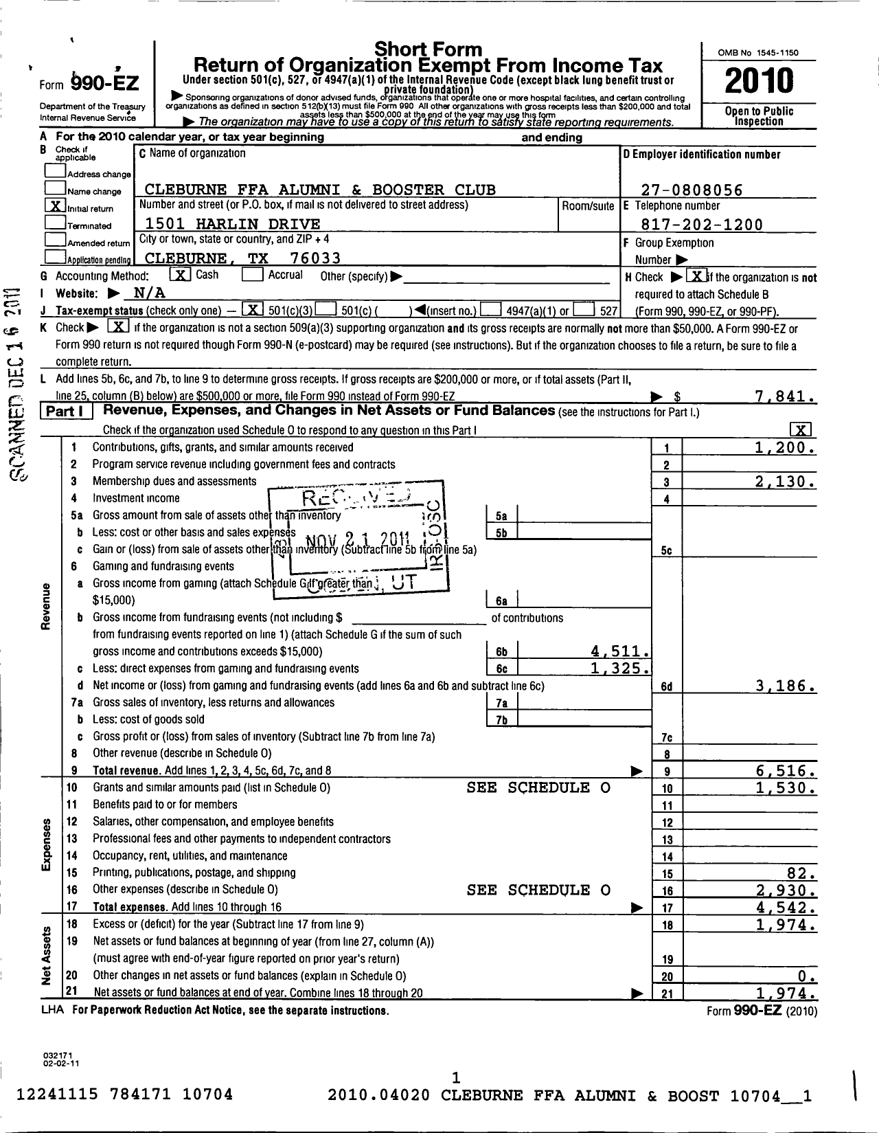 Image of first page of 2010 Form 990EZ for Cleburne High School Ffa Boosters and Alumni