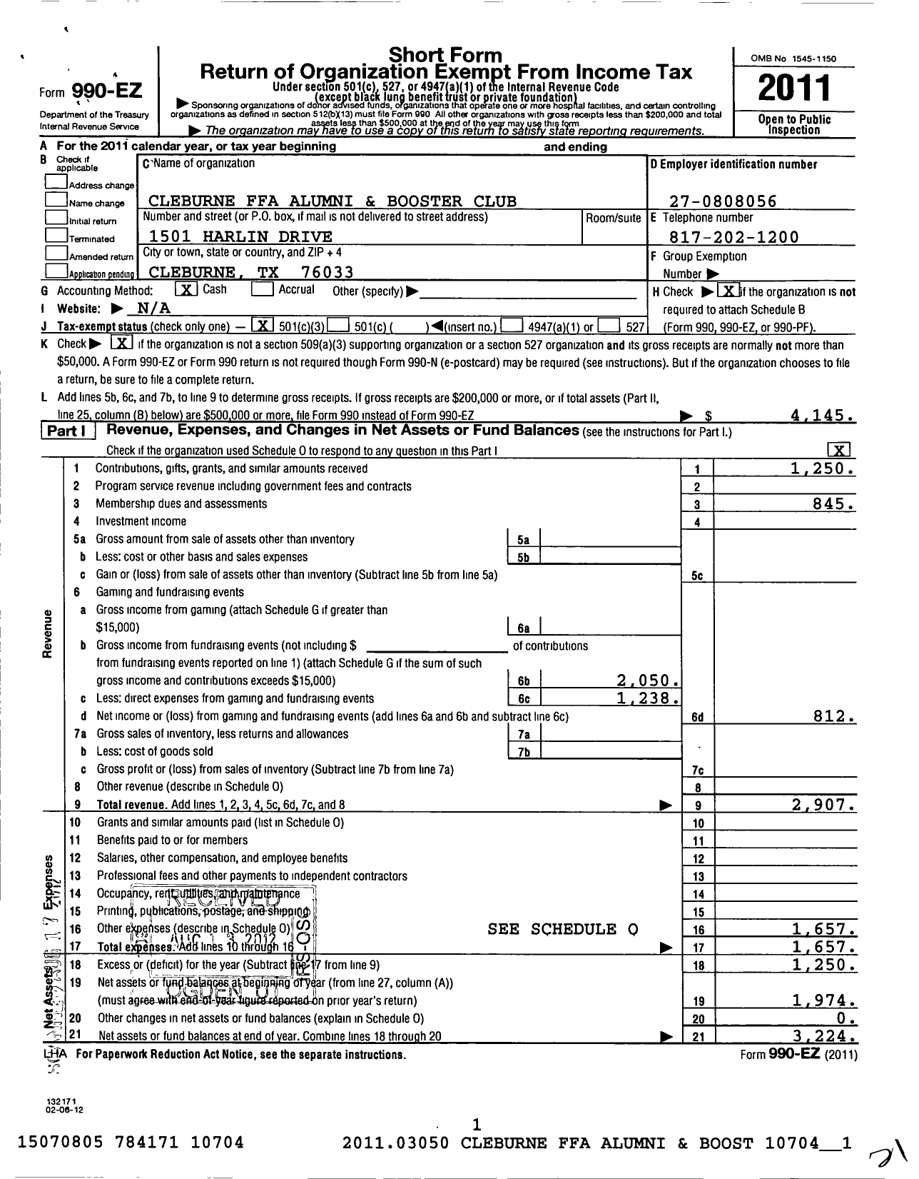 Image of first page of 2011 Form 990EZ for Cleburne High School Ffa Boosters and Alumni