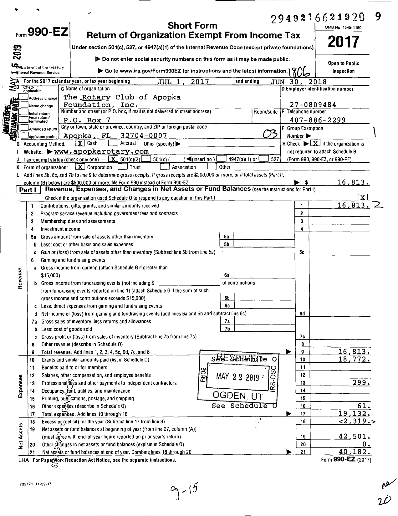 Image of first page of 2017 Form 990EZ for The Rotary Club of Apopka Foundation