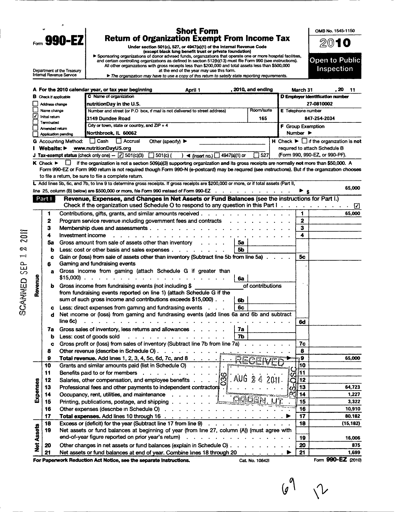 Image of first page of 2010 Form 990EZ for Nutritionday in the Us