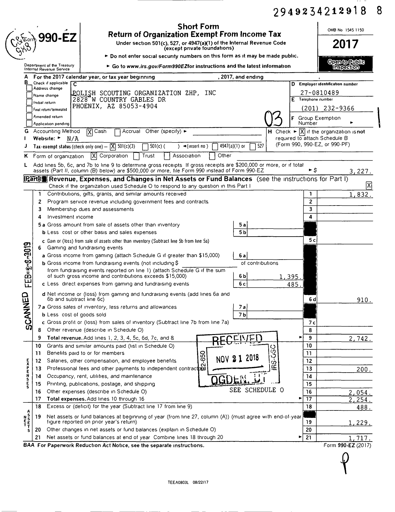 Image of first page of 2017 Form 990EZ for Polish Scouting Organization ZHP