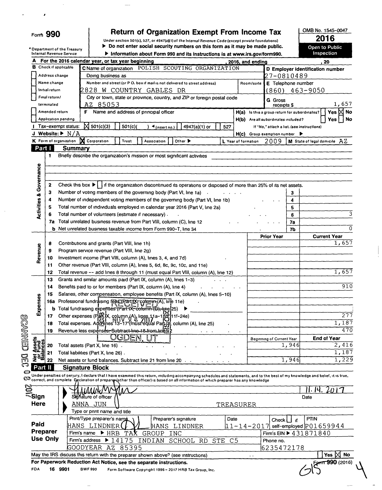 Image of first page of 2016 Form 990 for Polish Scouting Organization ZHP