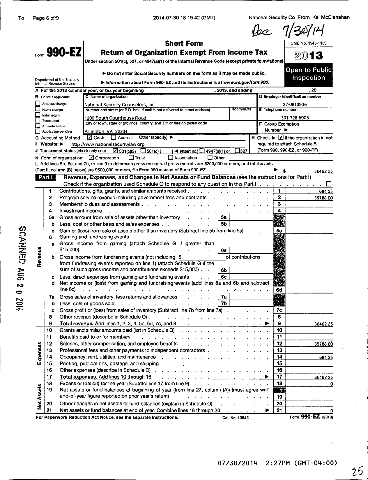 Image of first page of 2013 Form 990EZ for National Security Counselors