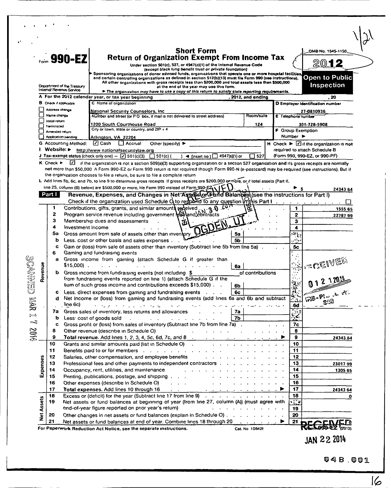 Image of first page of 2012 Form 990EZ for National Security Counselors