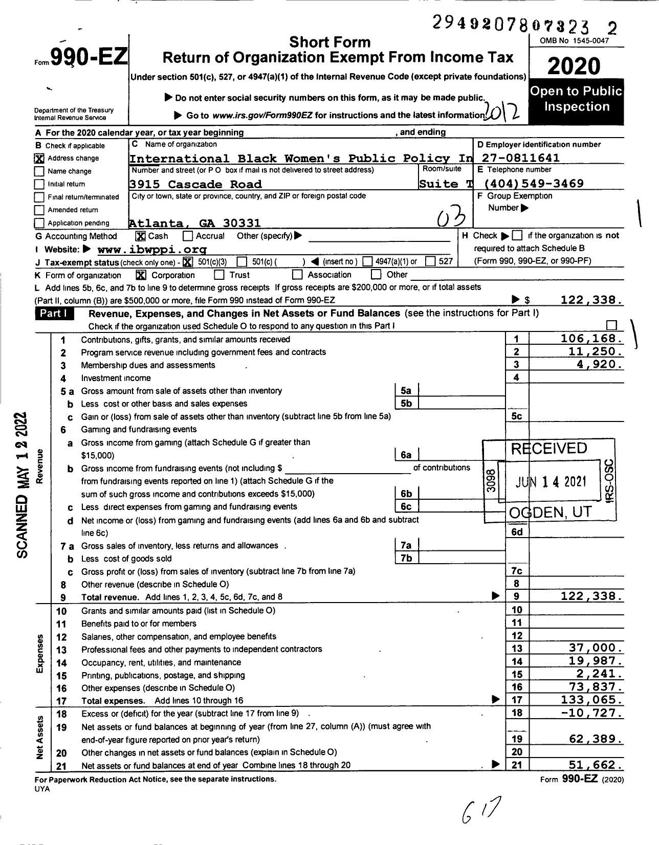 Image of first page of 2020 Form 990EZ for International Black Womens Public Policy Institute