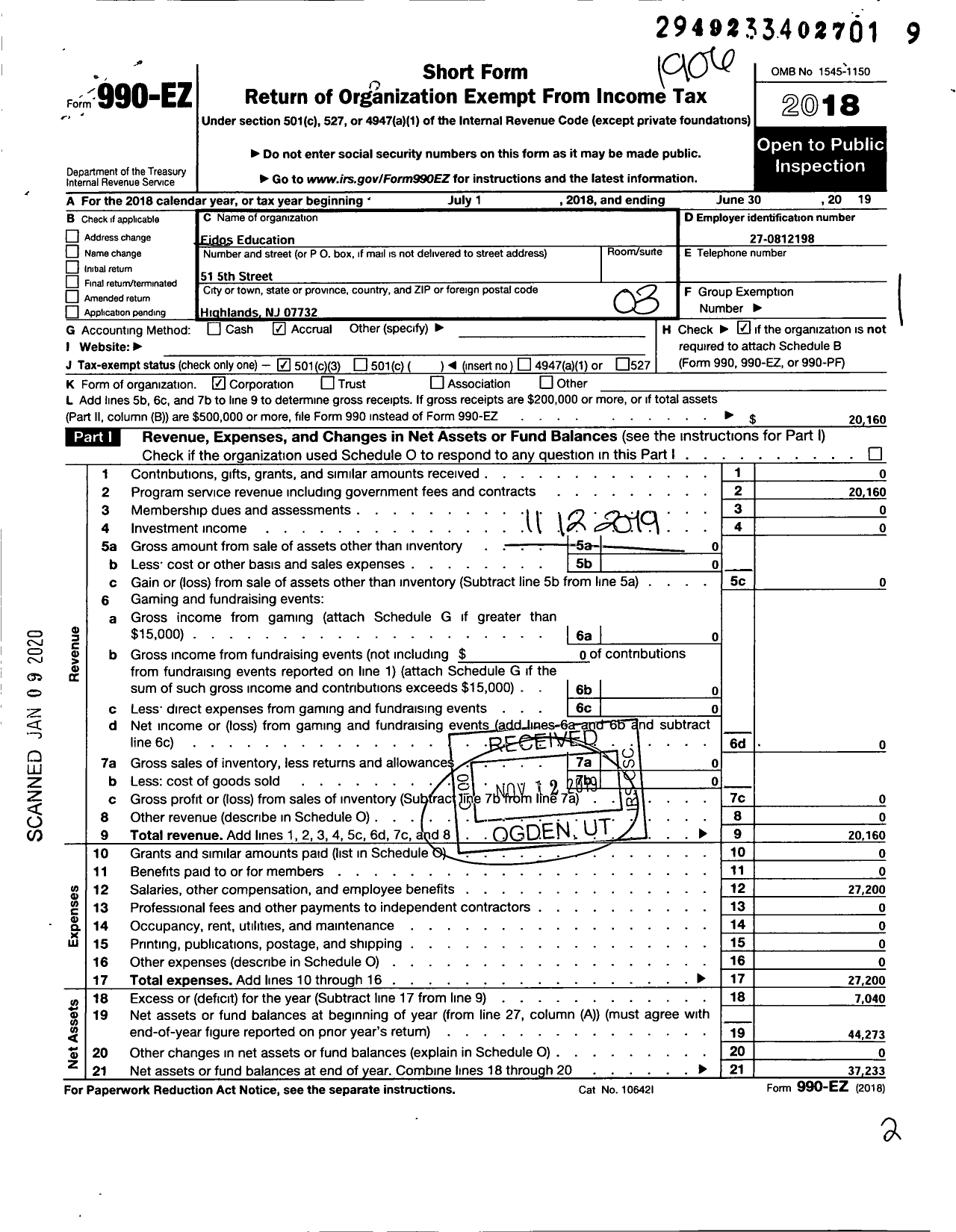 Image of first page of 2018 Form 990EZ for Eidos Education