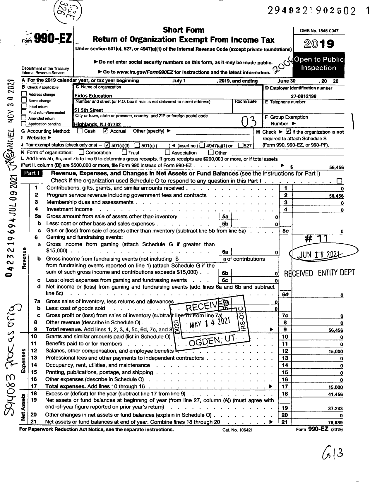 Image of first page of 2019 Form 990EZ for Eidos Education