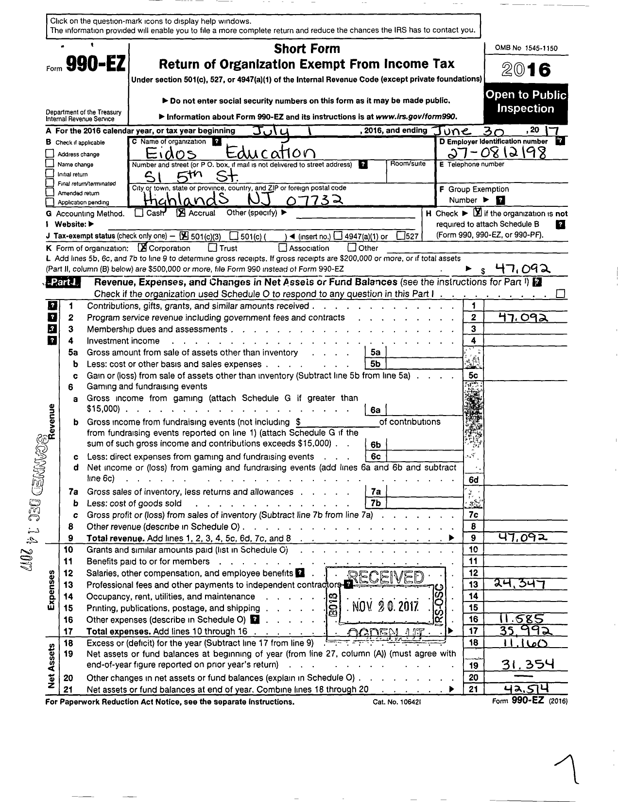 Image of first page of 2016 Form 990EZ for Eidos Education