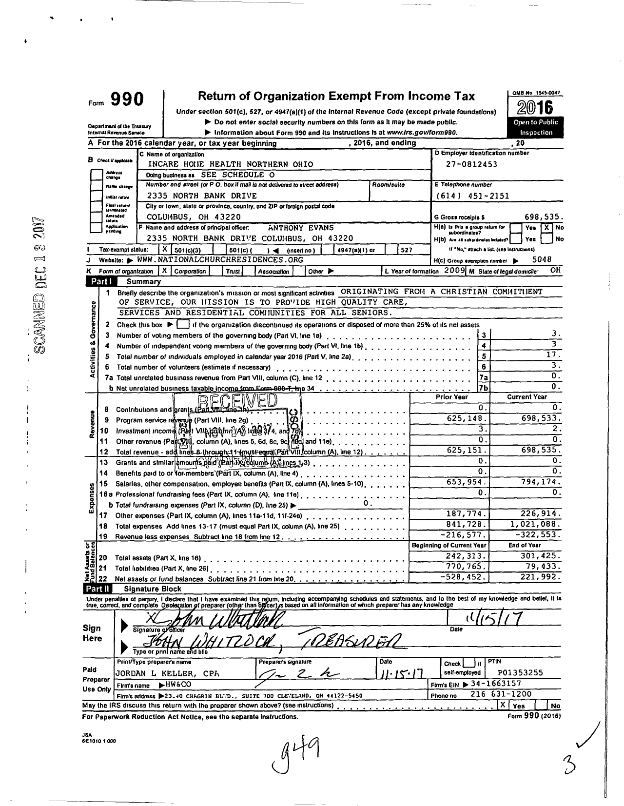 Image of first page of 2016 Form 990 for National Church Residences - Incare Home Health Northern Ohio