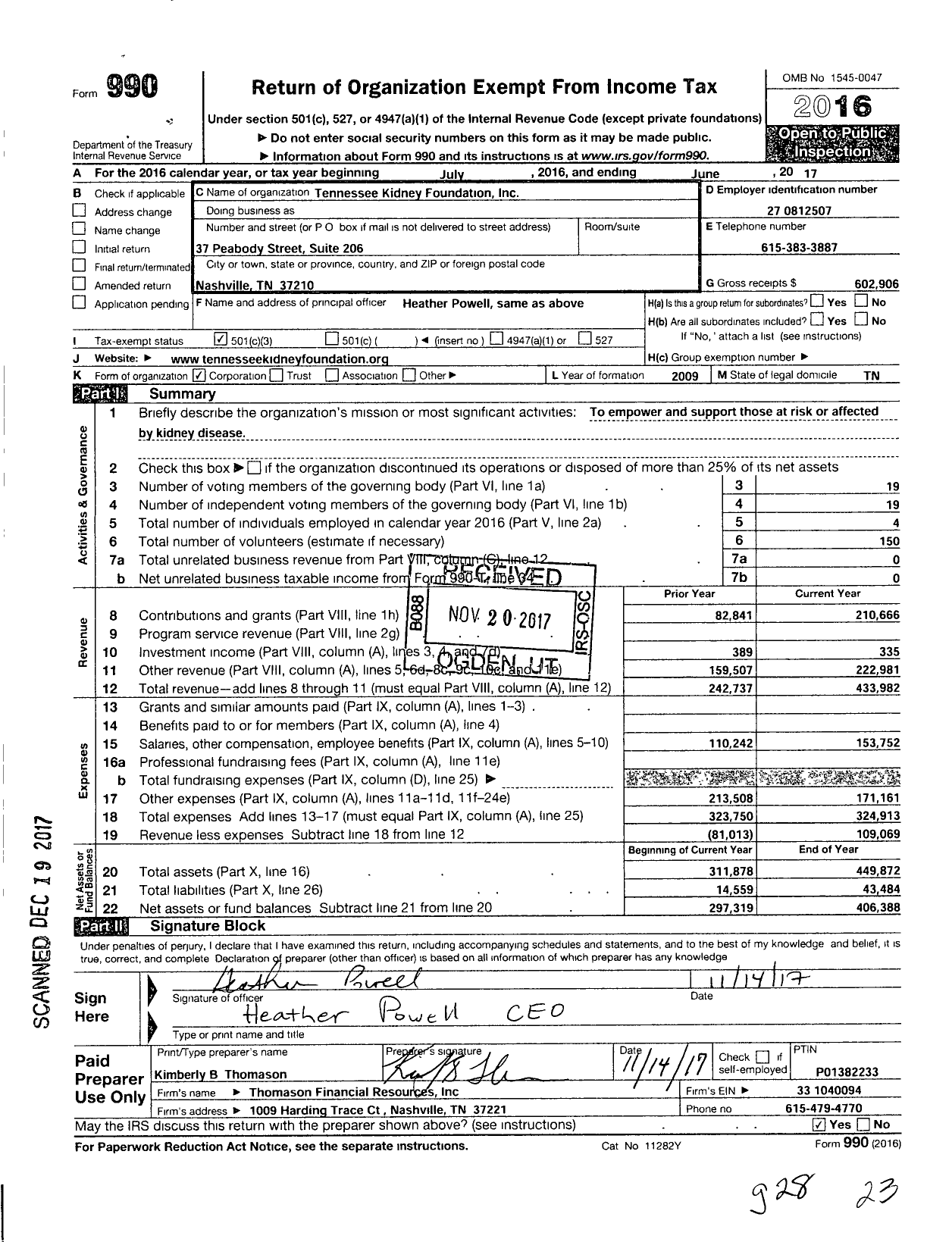Image of first page of 2016 Form 990 for Tennessee Kidney Foundation