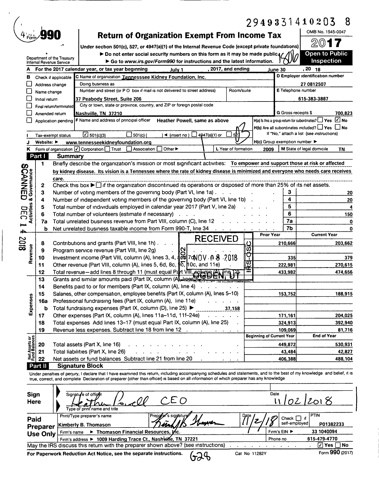 Image of first page of 2017 Form 990 for Tennessee Kidney Foundation