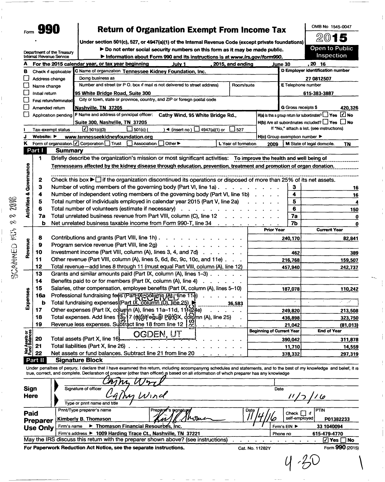 Image of first page of 2015 Form 990 for Tennessee Kidney Foundation