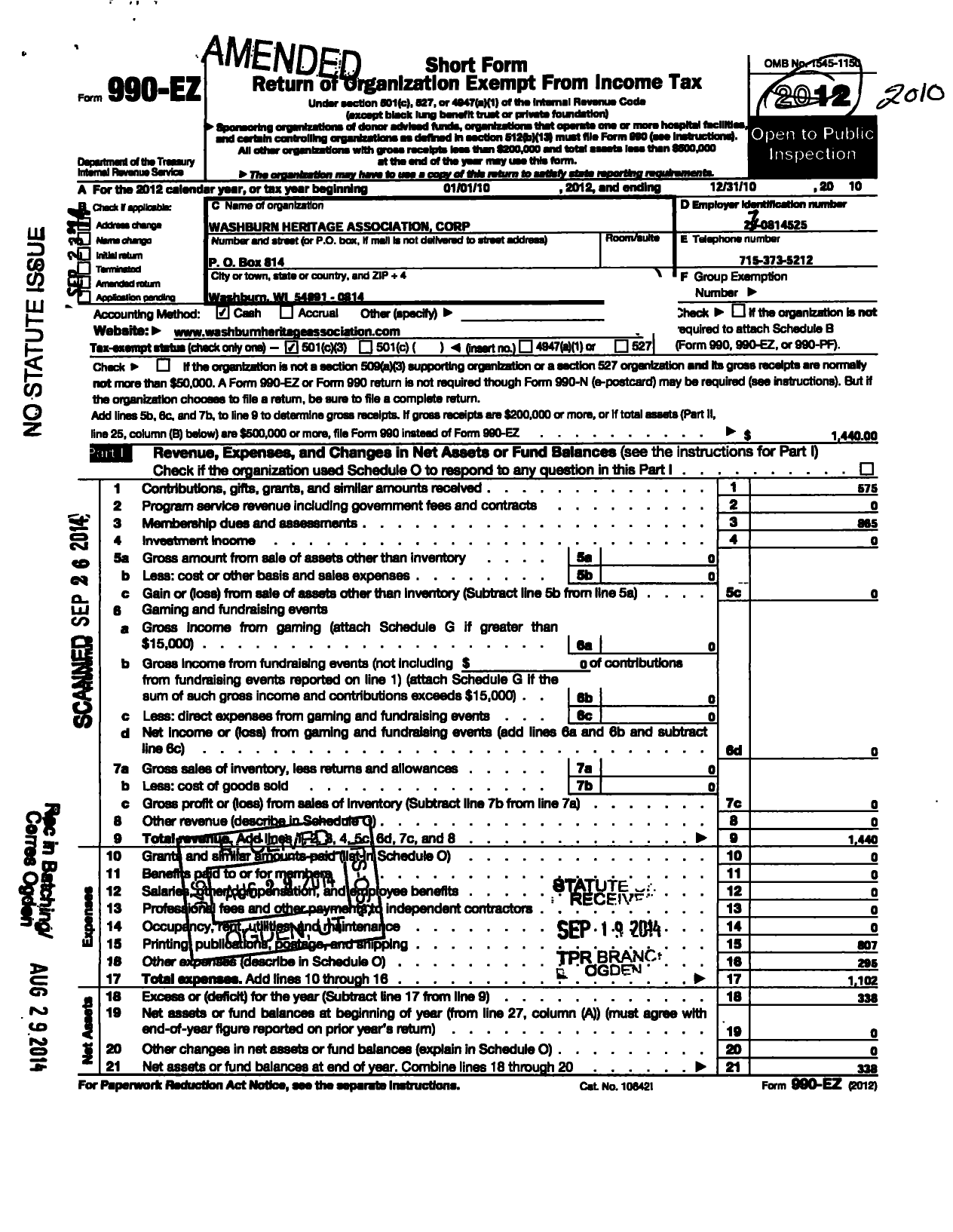 Image of first page of 2010 Form 990EZ for Washburn Heritage Association