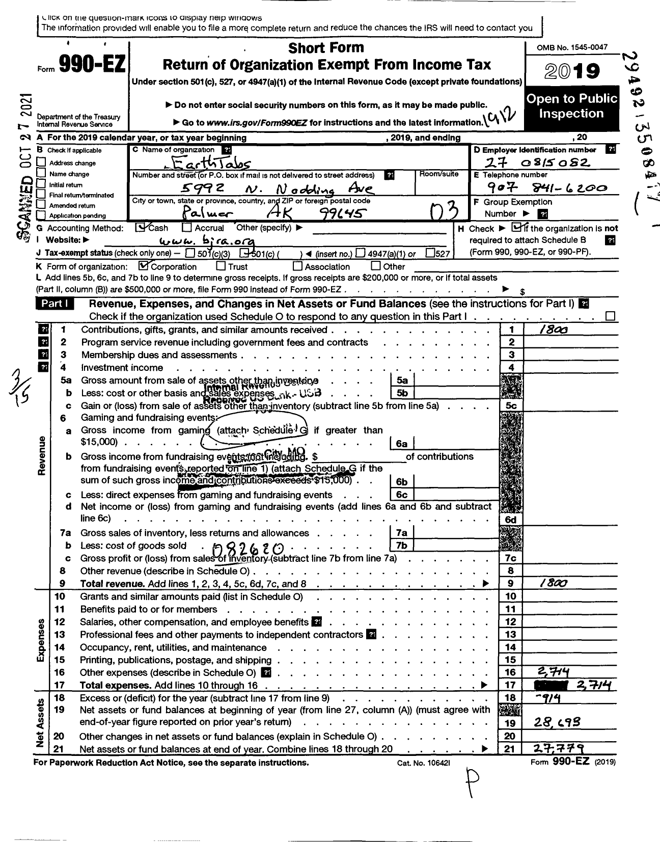 Image of first page of 2019 Form 990EZ for Earthtabs