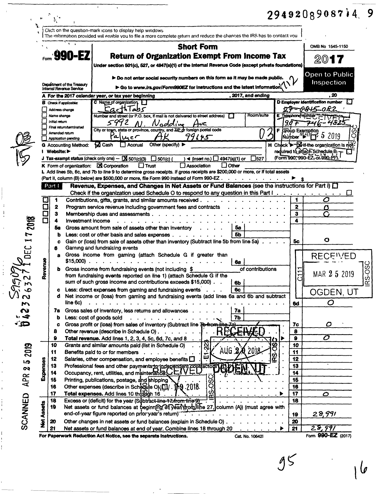 Image of first page of 2017 Form 990EZ for Earthtabs