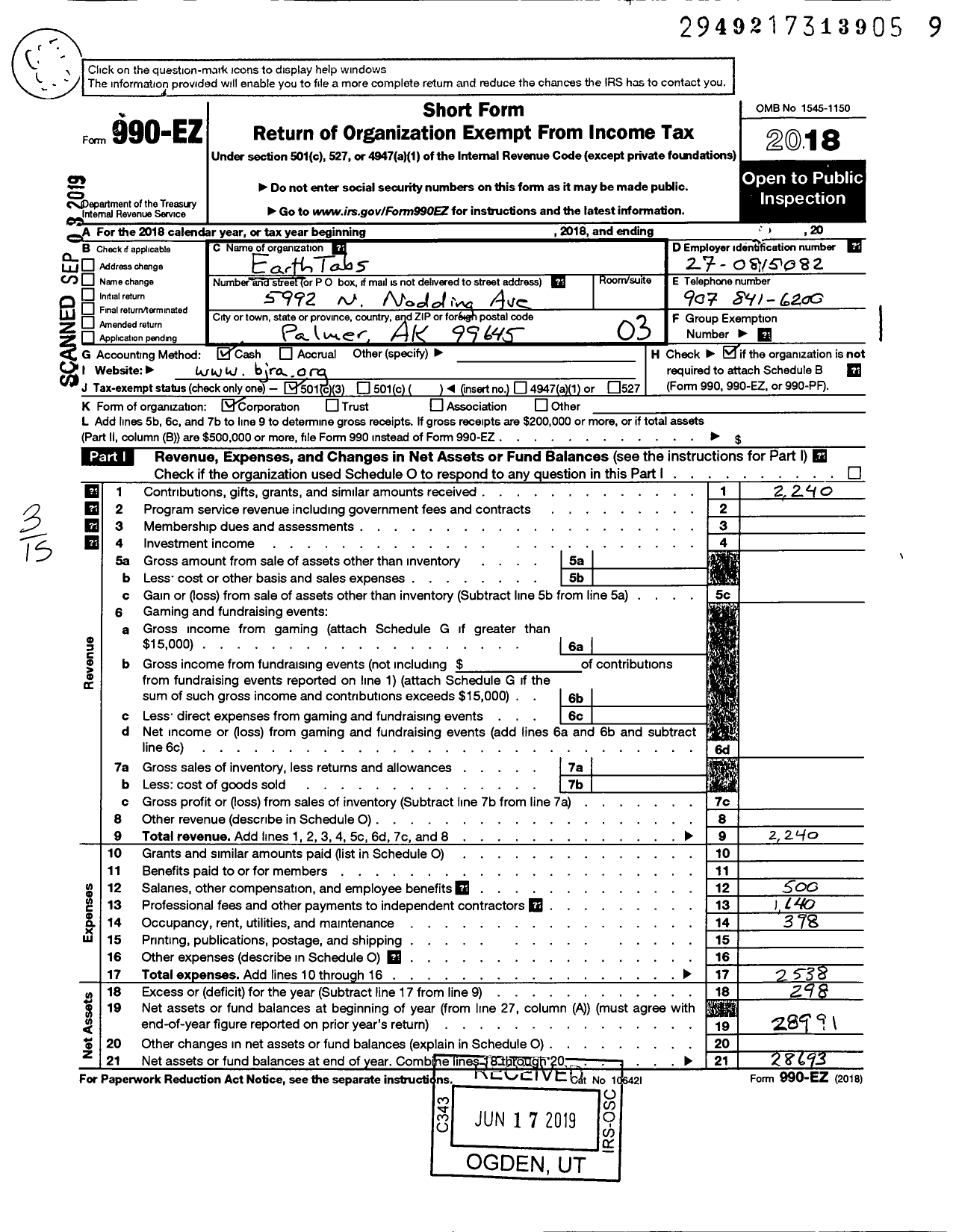 Image of first page of 2018 Form 990EZ for Earthtabs