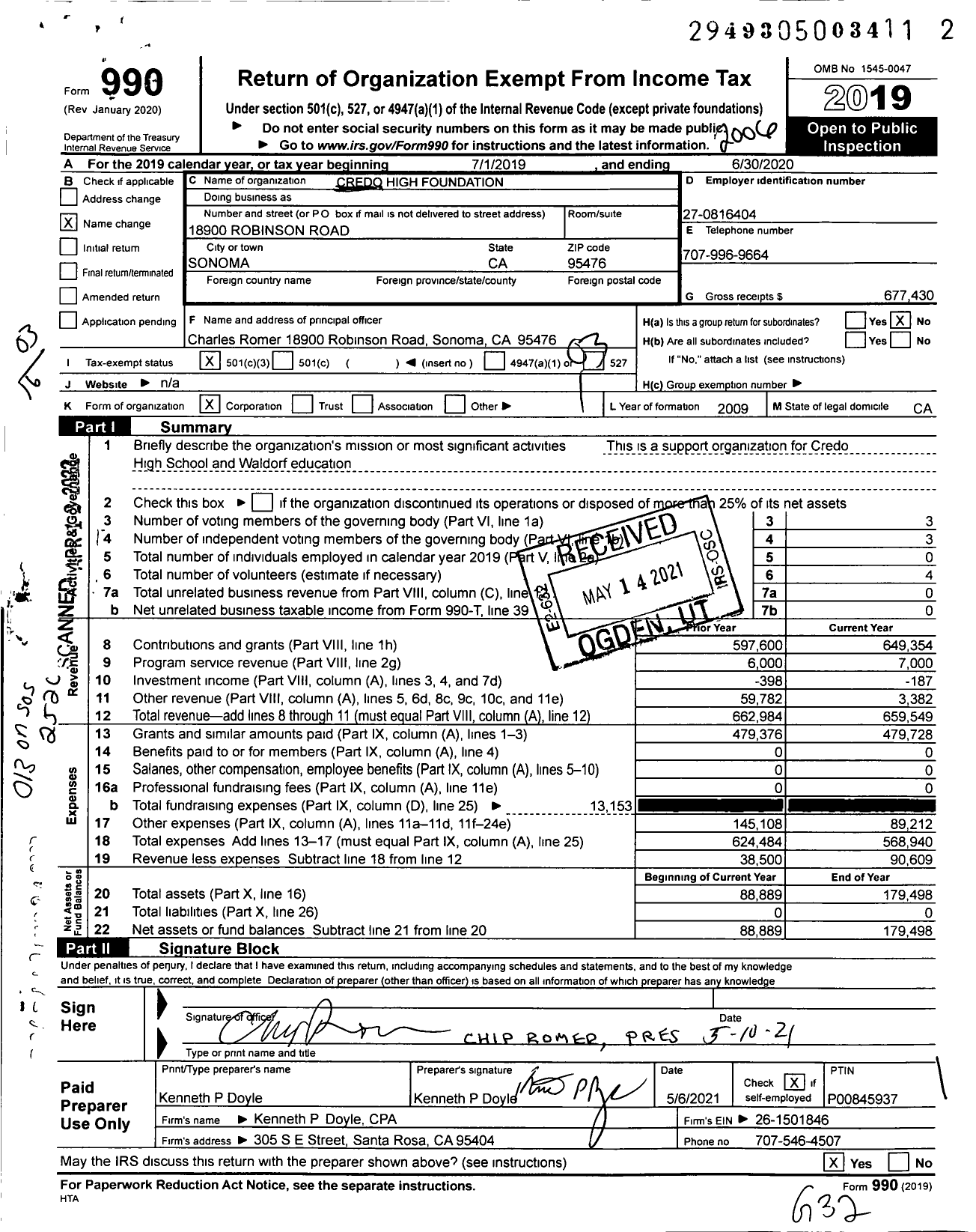 Image of first page of 2019 Form 990 for Credo High Foundation