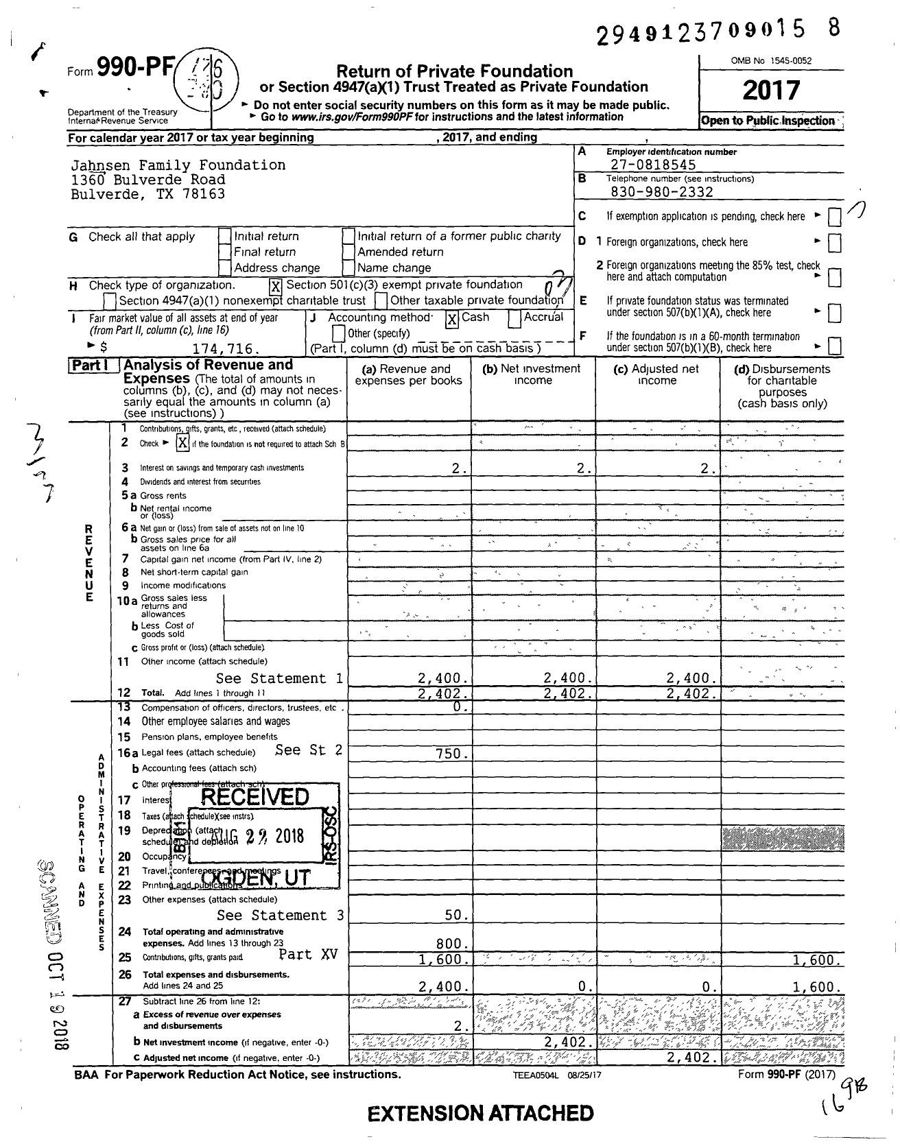 Image of first page of 2017 Form 990PF for Jahnsen Family Foundation