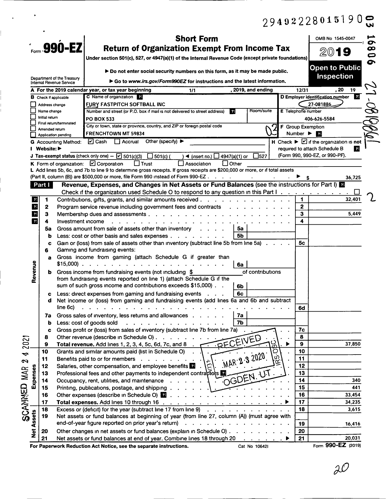 Image of first page of 2019 Form 990EZ for Fury Fastpitch Softball