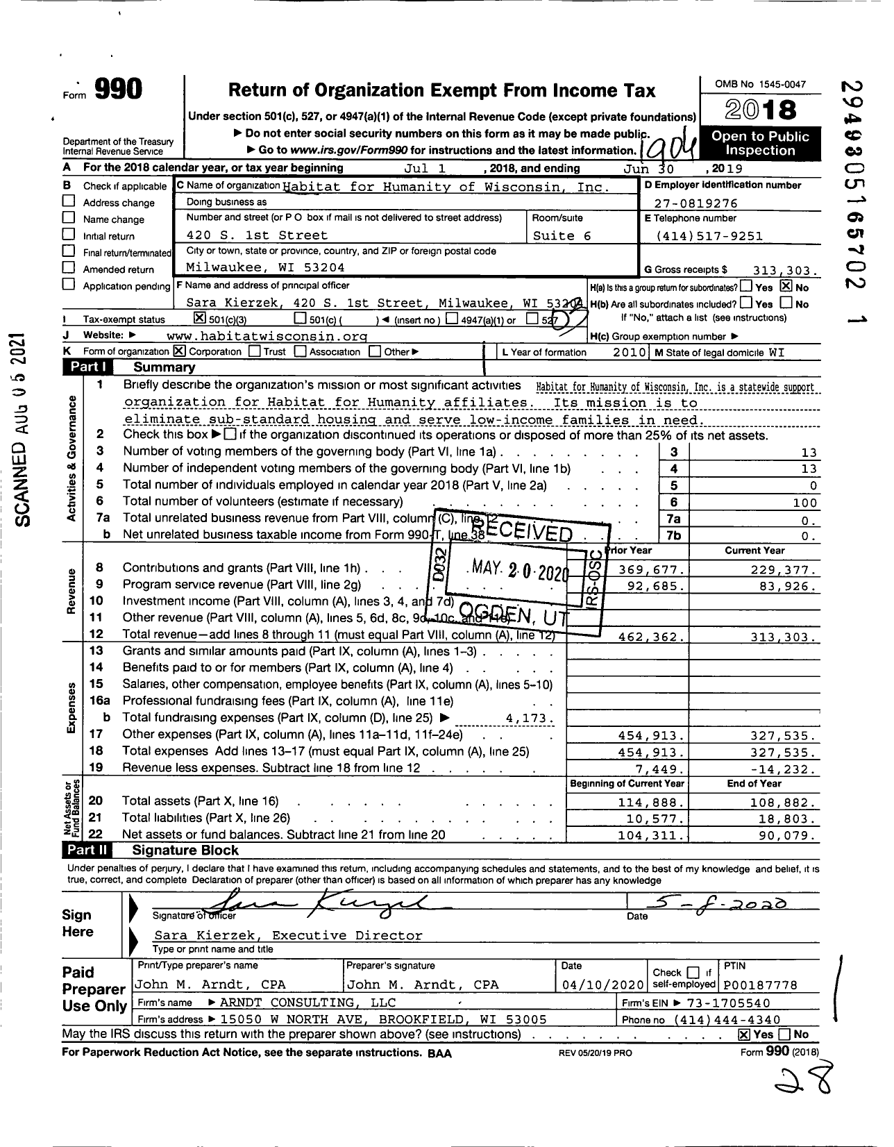 Image of first page of 2018 Form 990 for Habitat for Humanity - Habitat for Humanity of Wisconsin