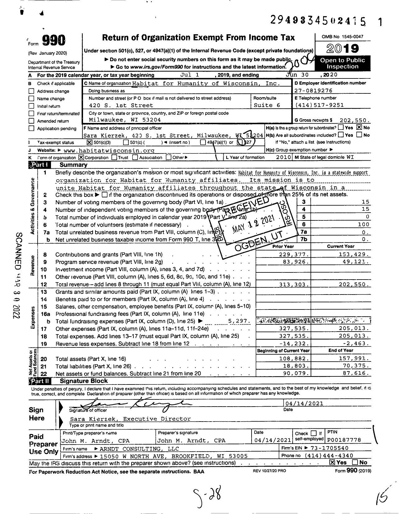 Image of first page of 2019 Form 990 for Habitat for Humanity - Habitat for Humanity of Wisconsin