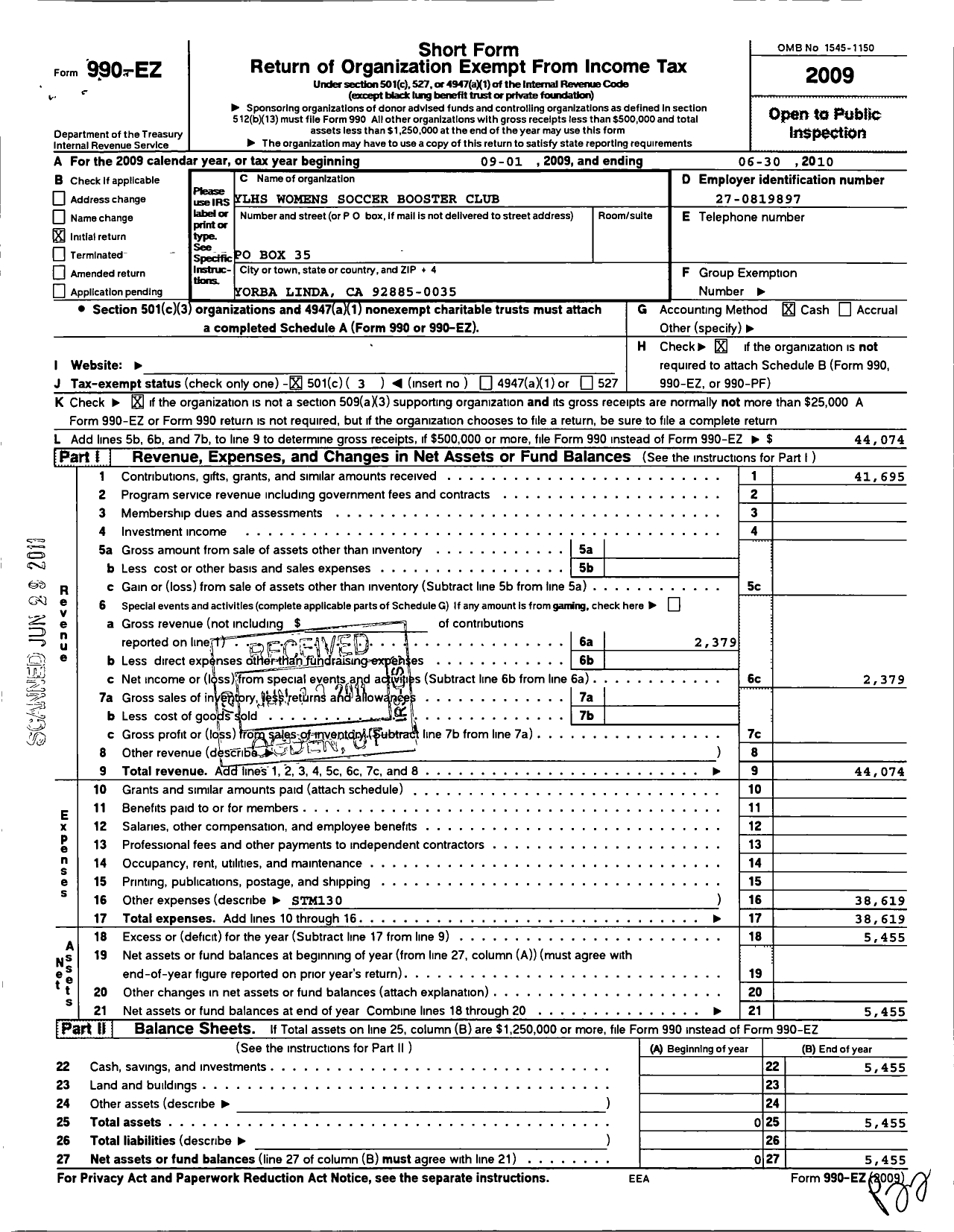 Image of first page of 2009 Form 990EZ for Yorba Linda High School Womens Soccer Booster Club