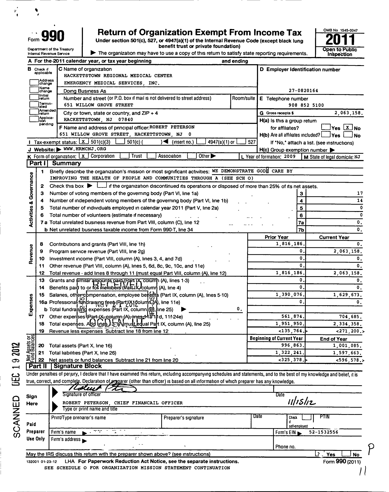Image of first page of 2011 Form 990 for Hackettstown Regional Medical Center Emergency Medical Services