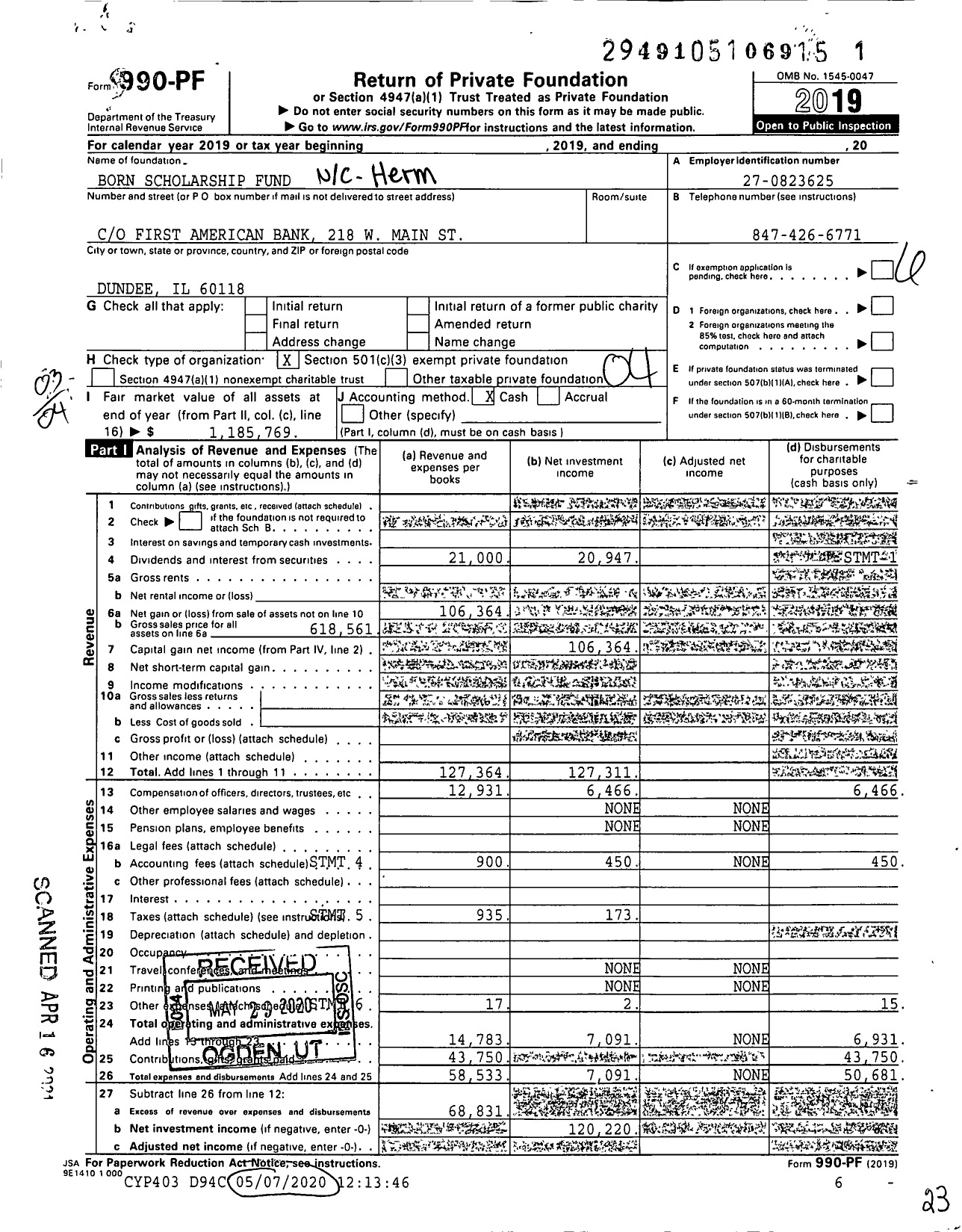 Image of first page of 2019 Form 990PF for Born Scholarship Fund