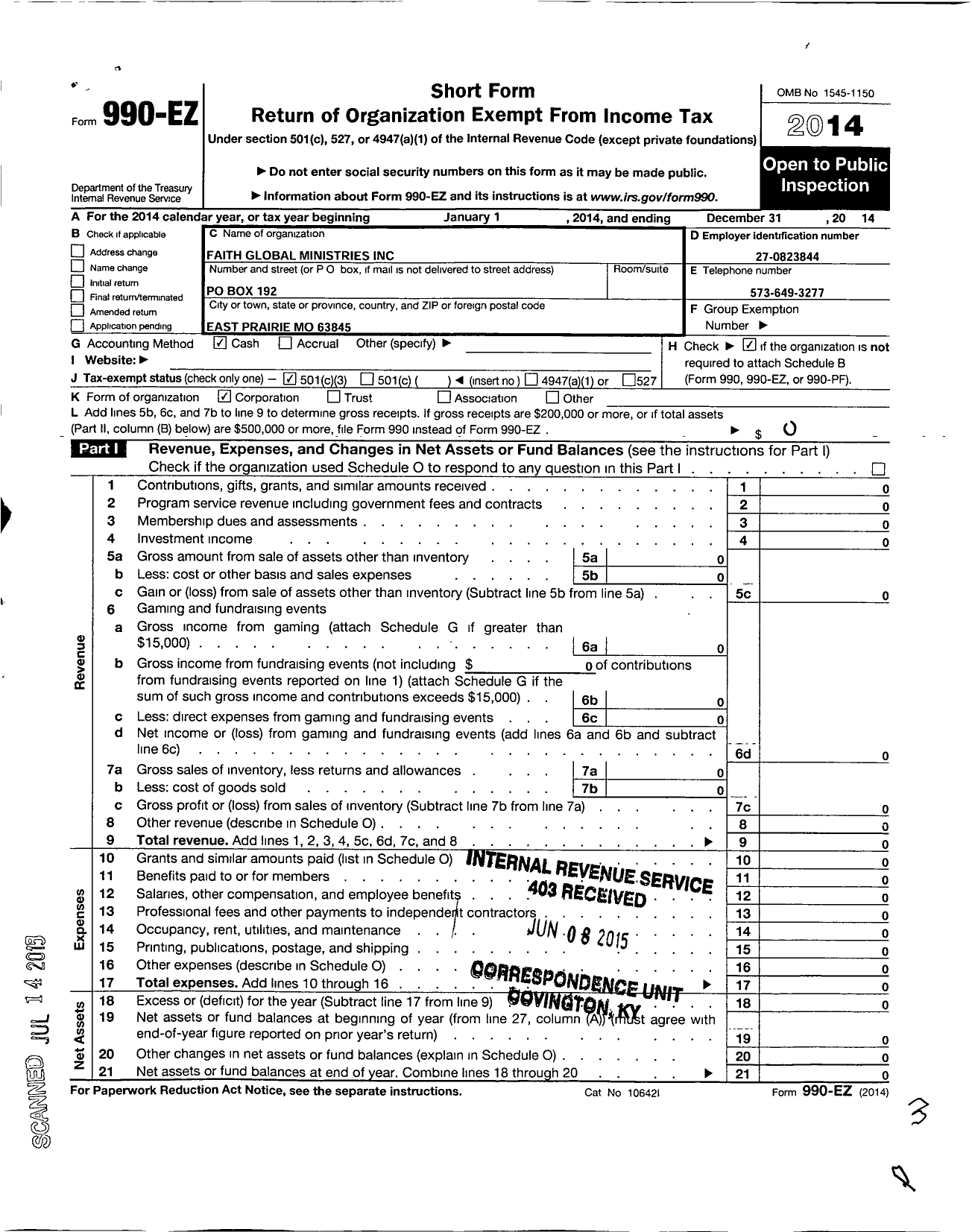 Image of first page of 2014 Form 990EZ for Faith Global Transportation LL