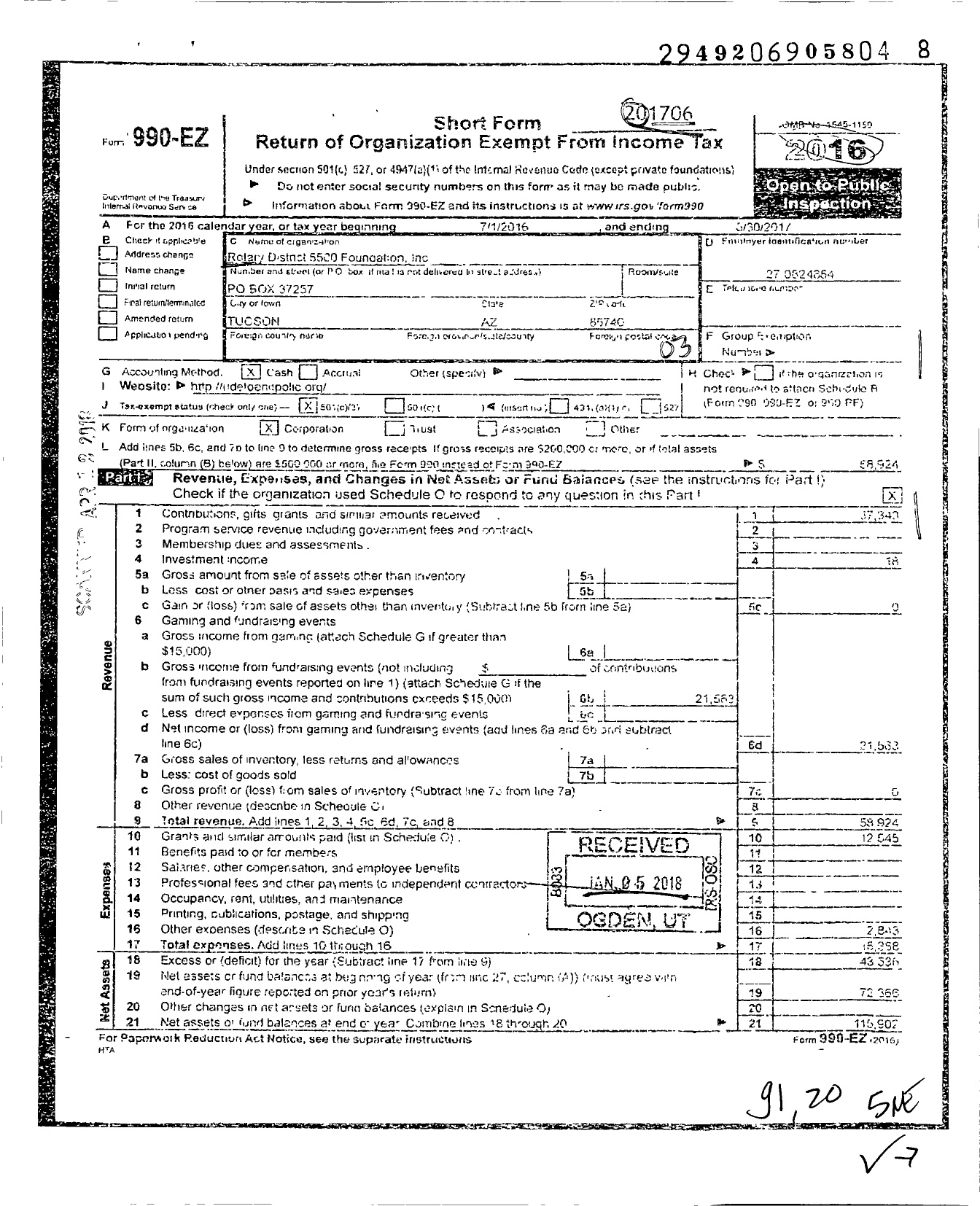 Image of first page of 2016 Form 990EZ for Rotary District 5500 Foundation