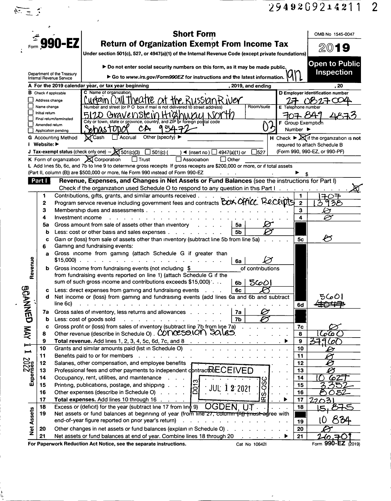 Image of first page of 2019 Form 990EZ for Curtain Call Theatre at the Russian