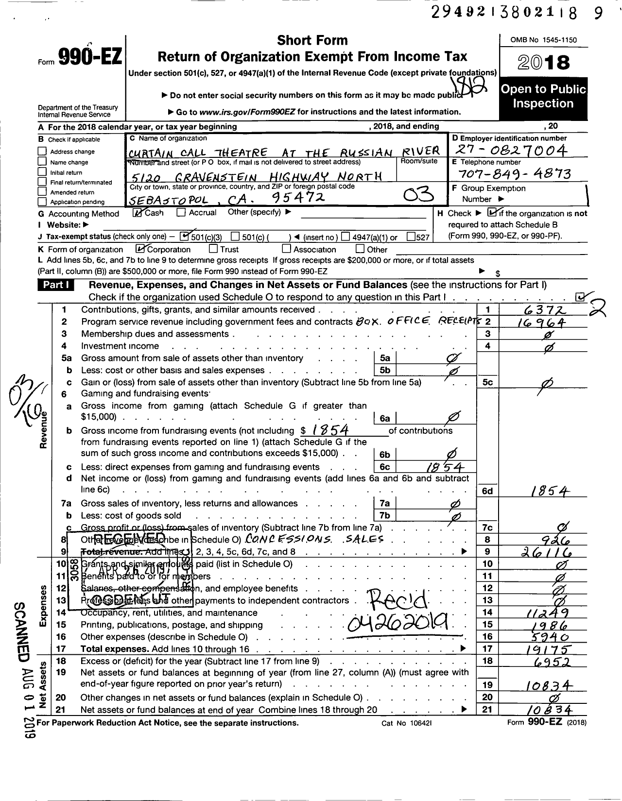 Image of first page of 2018 Form 990EZ for Curtain Call Theatre at the Russian