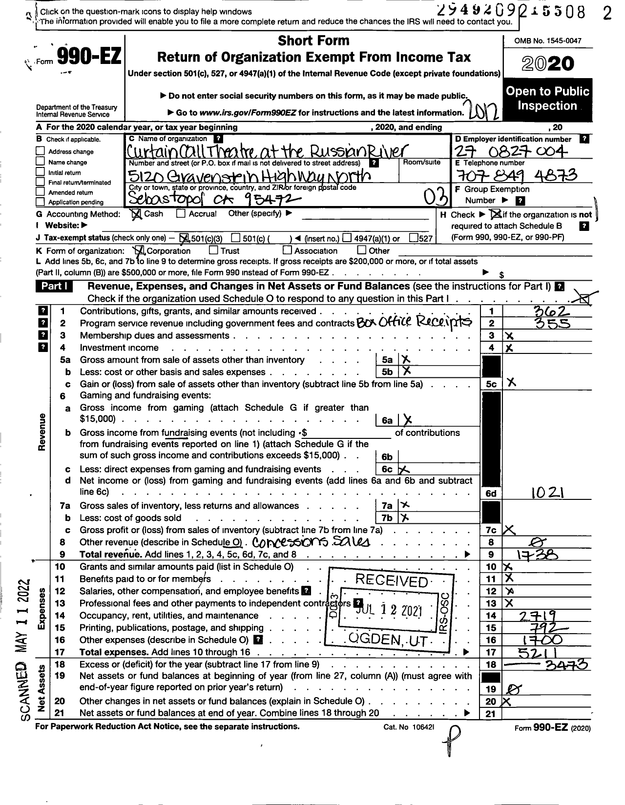 Image of first page of 2020 Form 990EZ for Curtain Call Theatre at the Russian