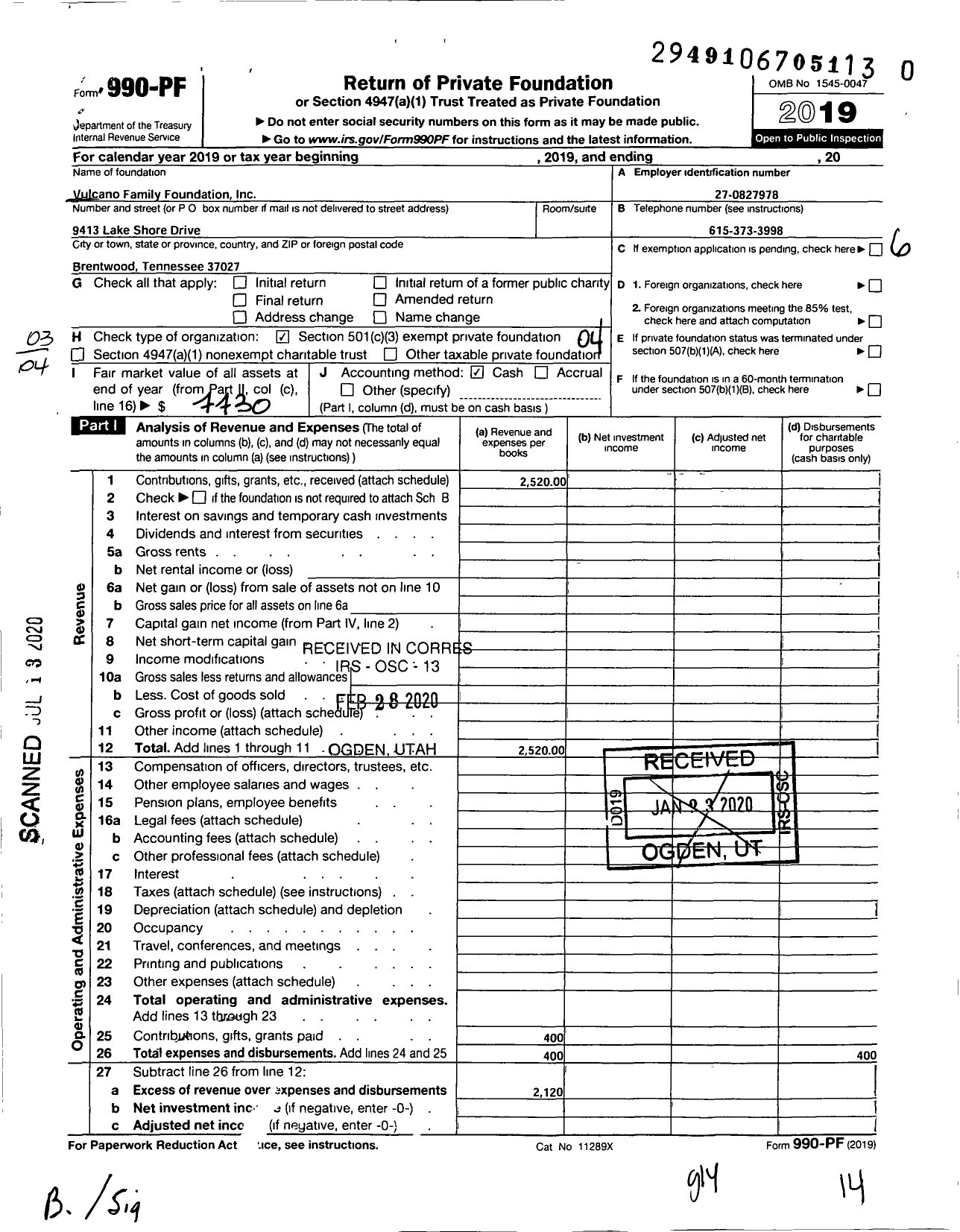 Image of first page of 2019 Form 990PR for Vulcano Family Foundation