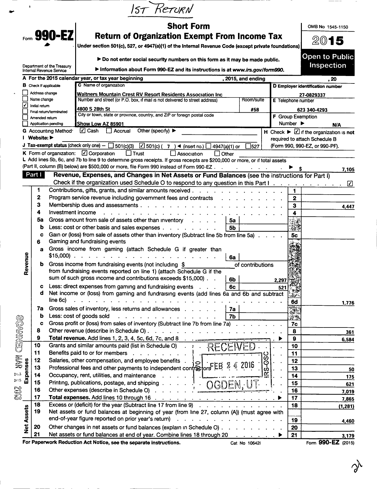 Image of first page of 2015 Form 990EO for Waltners Mountain Crest R V Resort Residents Association