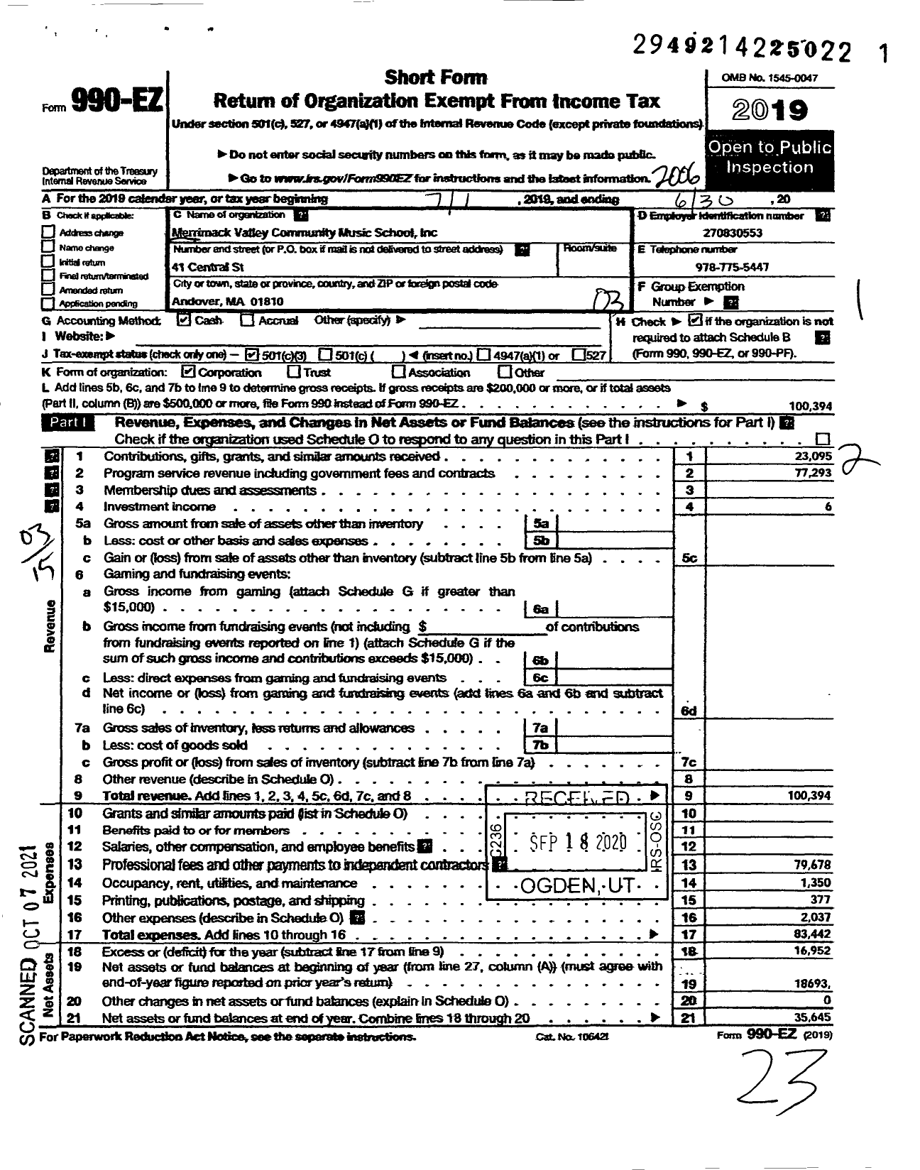 Image of first page of 2019 Form 990EZ for Merrimack Valley Community Music School