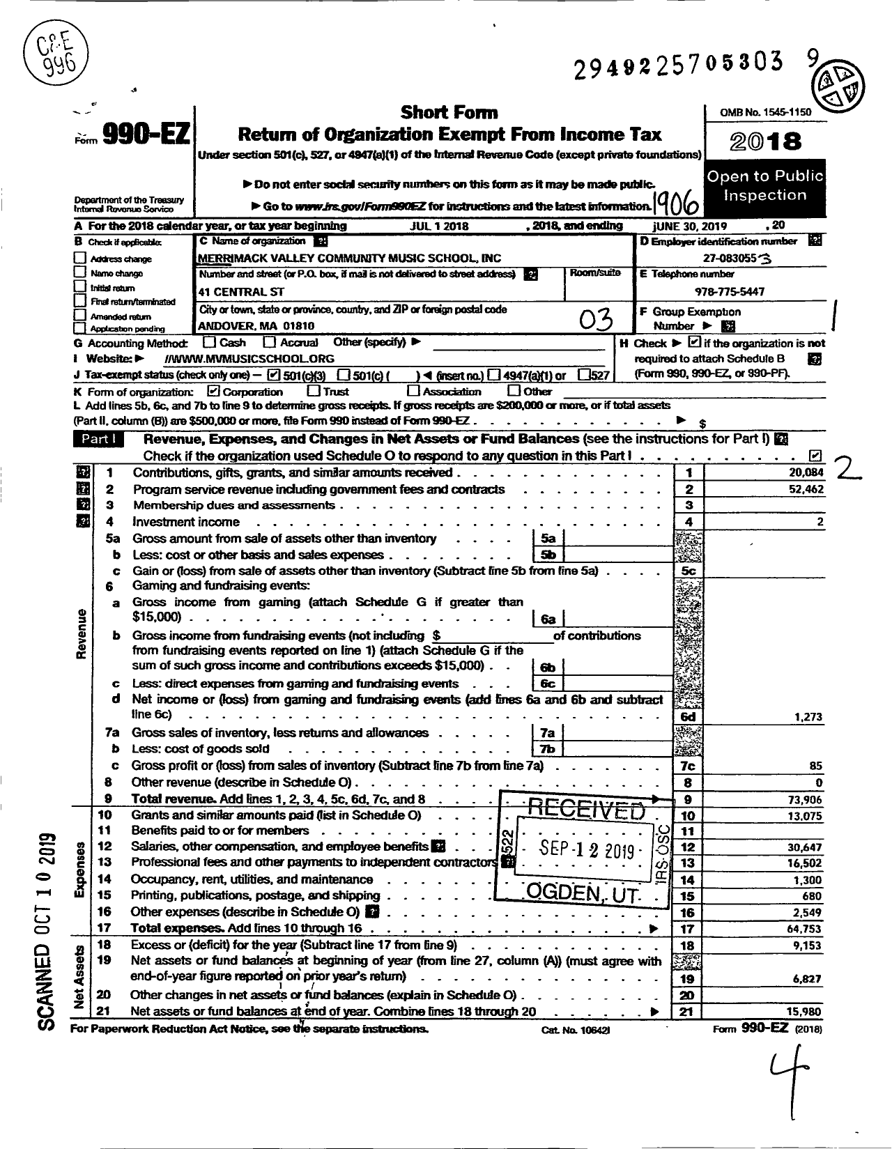 Image of first page of 2018 Form 990EZ for Merrimack Valley Community Music School