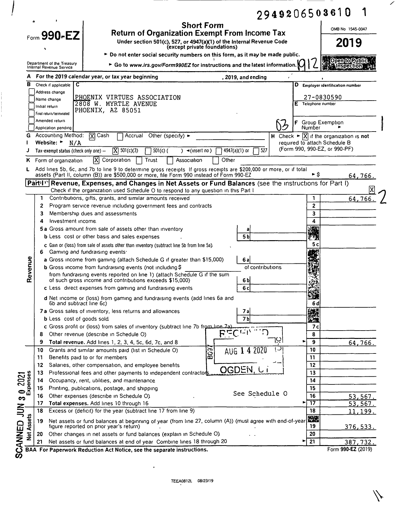 Image of first page of 2019 Form 990EZ for Phoenix Virtues Association