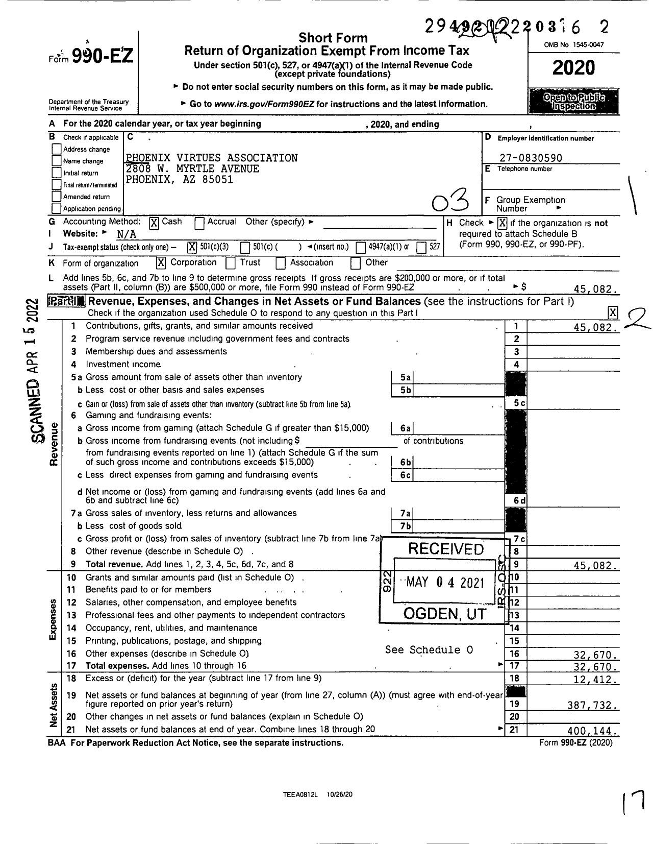 Image of first page of 2020 Form 990EZ for Phoenix Virtues Association