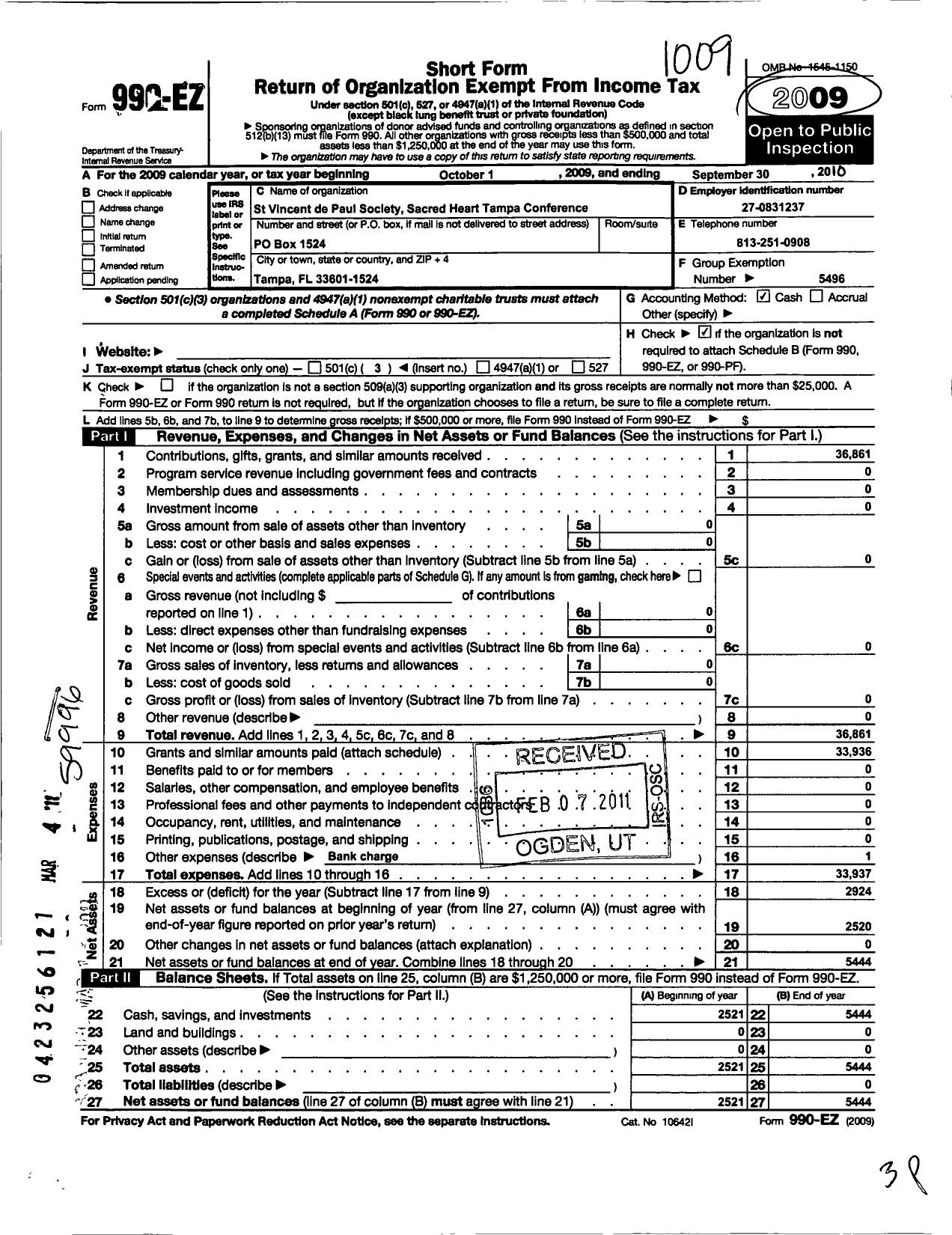 Image of first page of 2009 Form 990EZ for Society of St Vincent de Paul Sacred Heart Conference