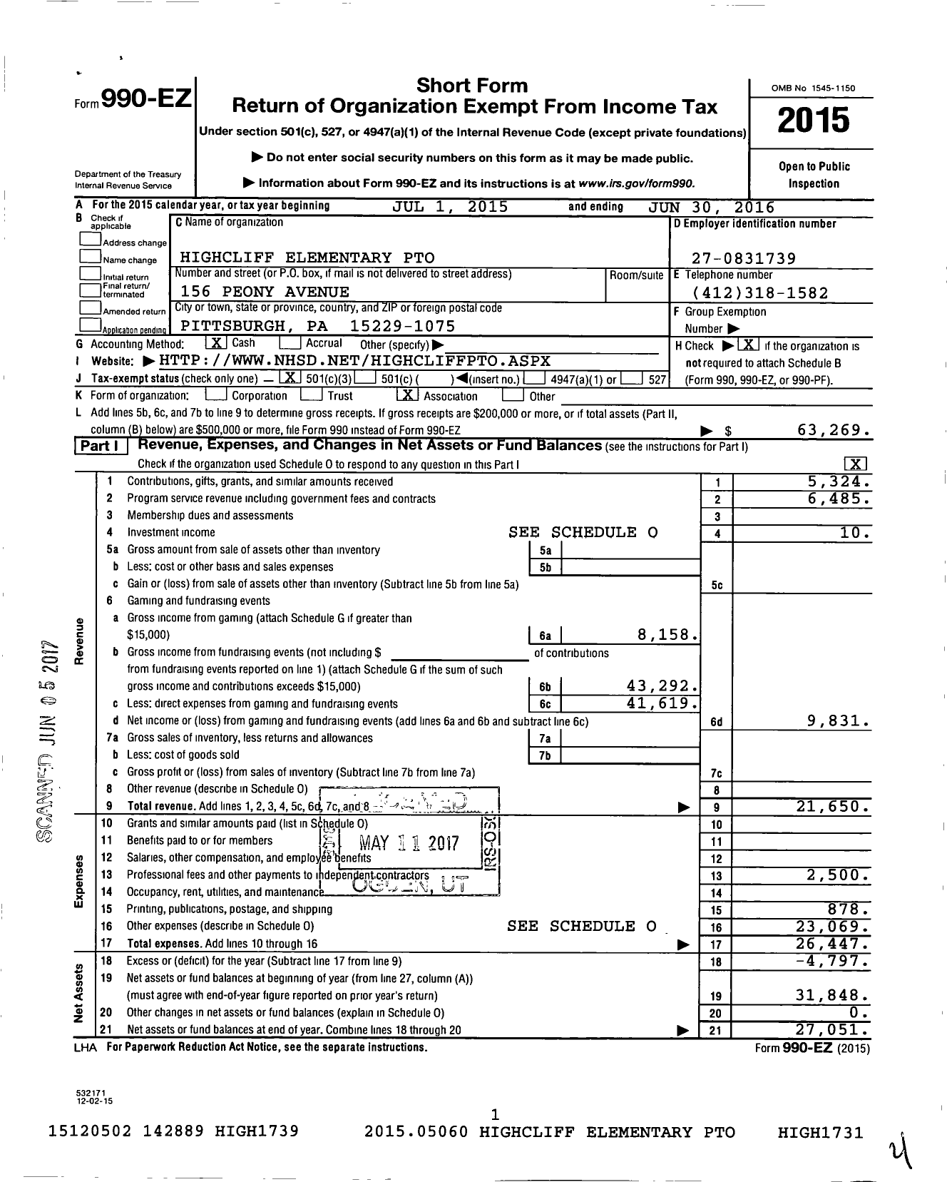 Image of first page of 2015 Form 990EZ for Highcliff Elementary Pto Attn Tara Peterson