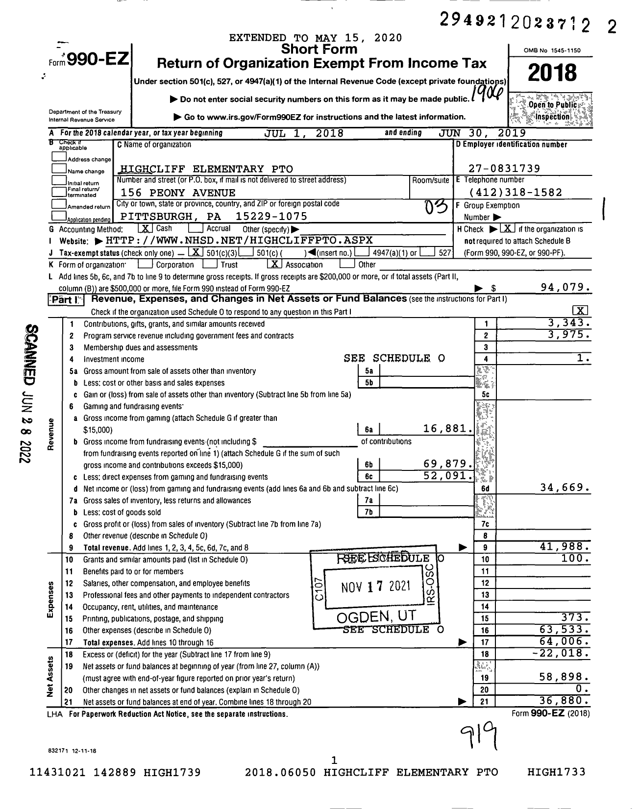 Image of first page of 2018 Form 990EZ for Highcliff Elementary Pto Attn Tara Peterson