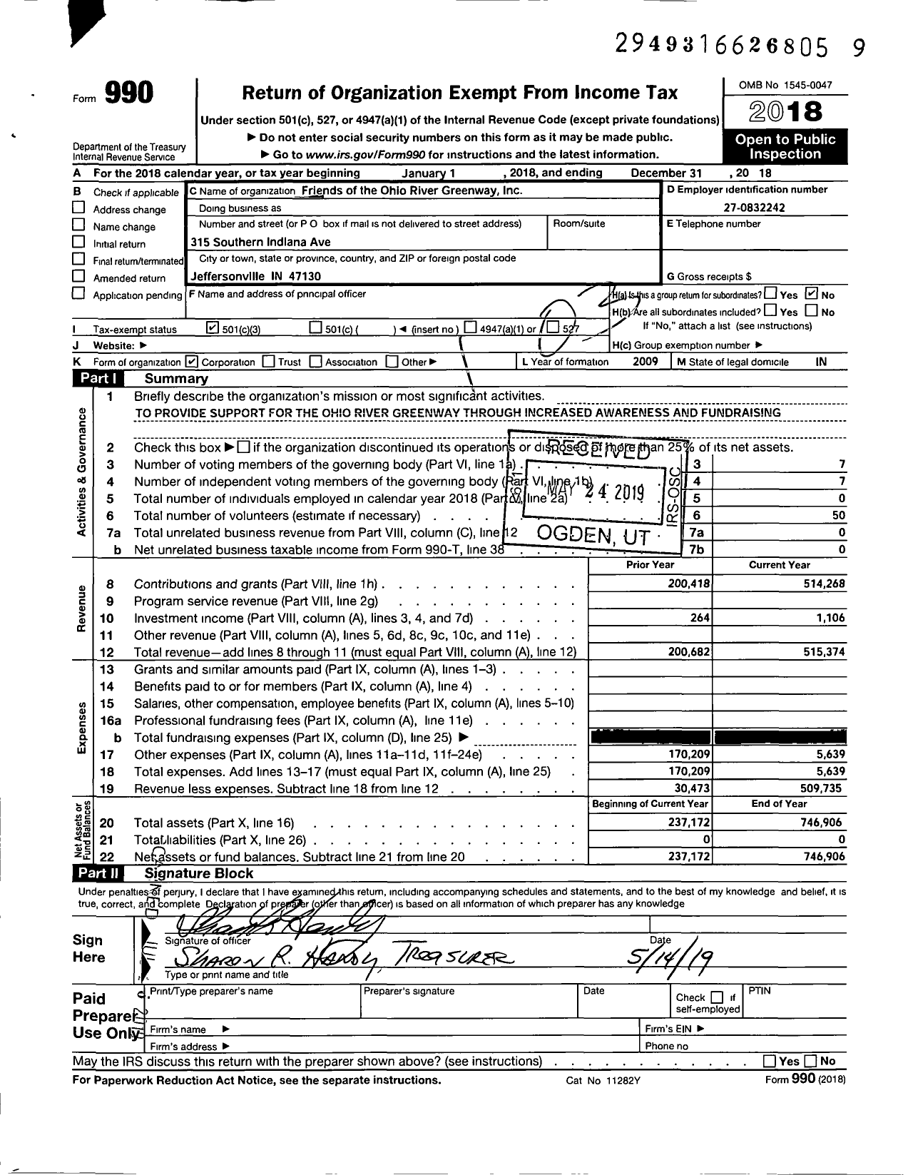 Image of first page of 2018 Form 990 for Friends of the Ohio River Greenway