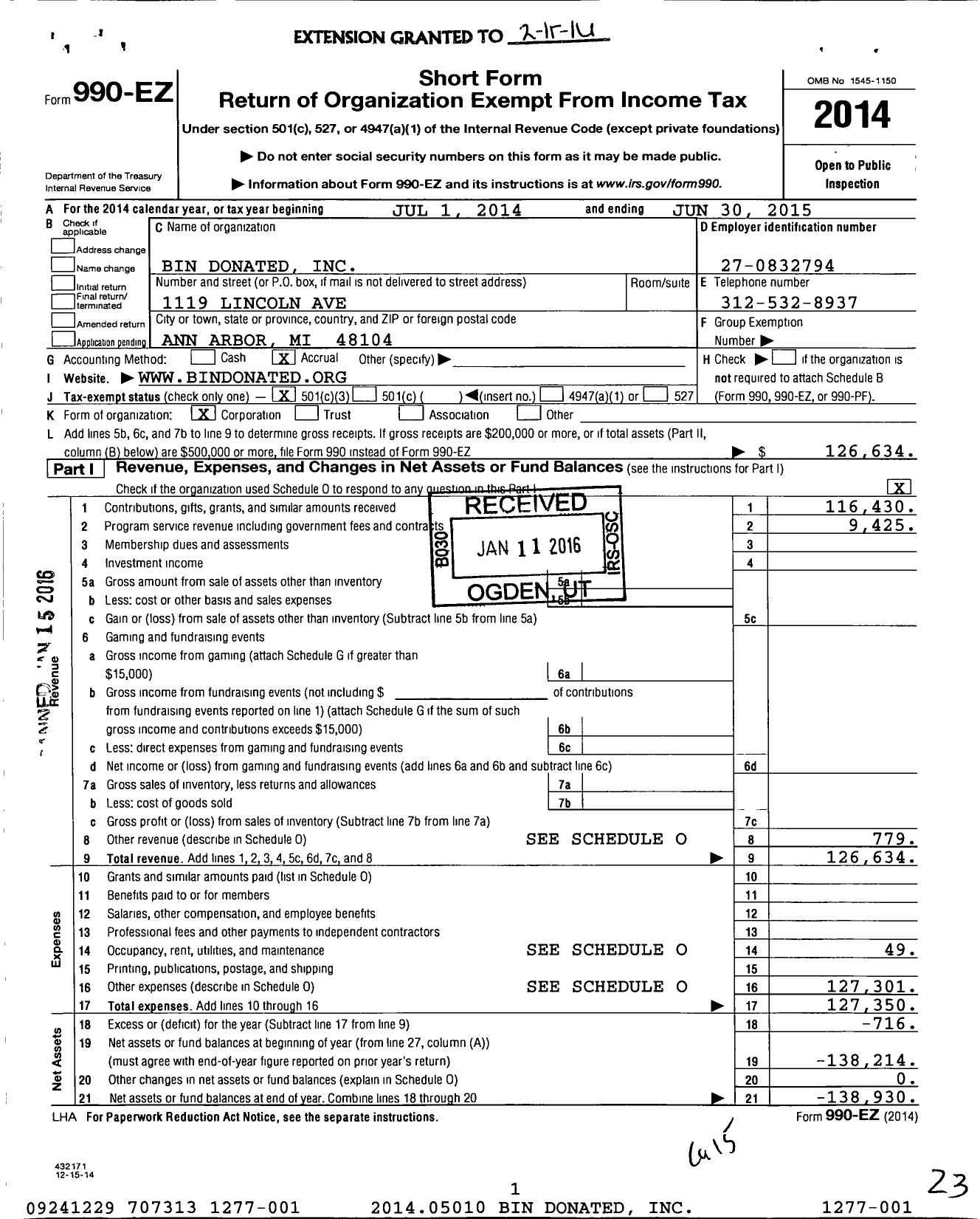 Image of first page of 2014 Form 990EZ for Bin Donated