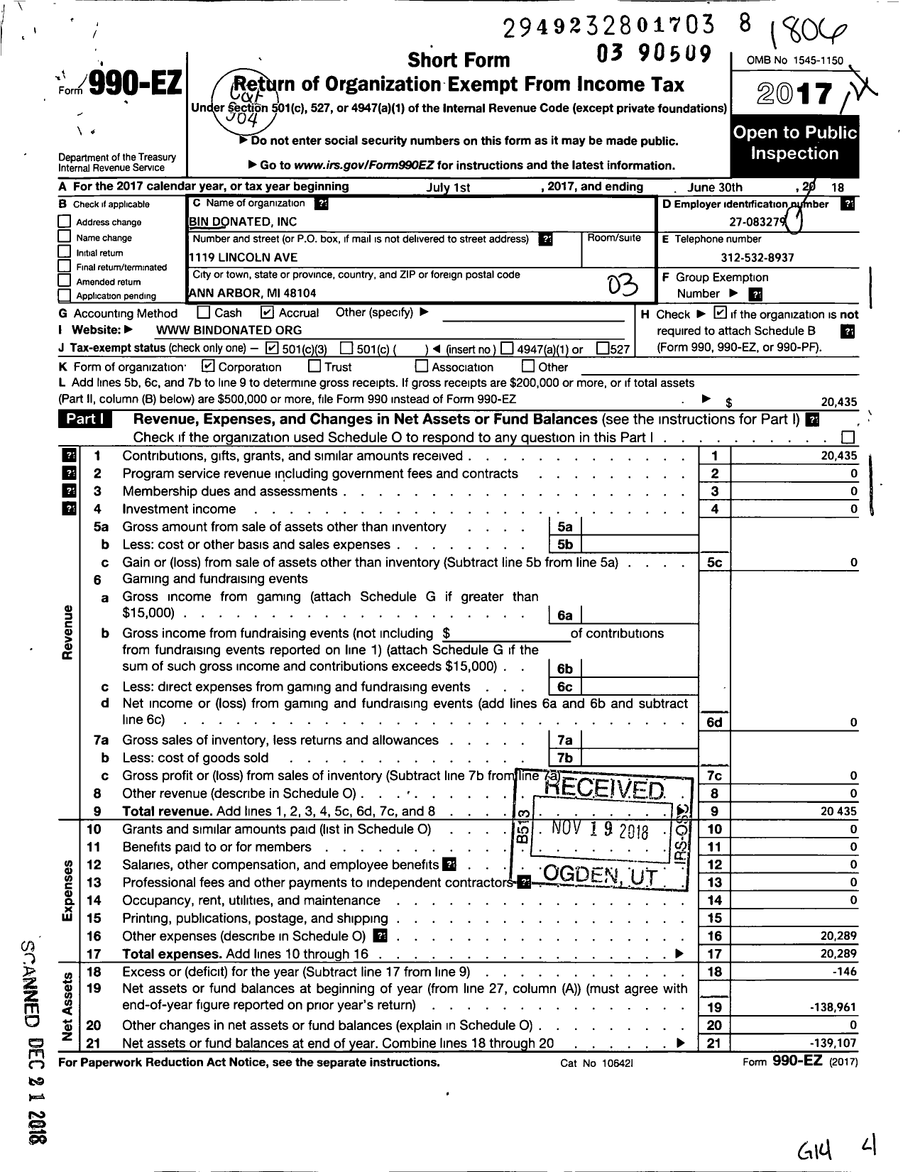 Image of first page of 2017 Form 990EZ for Bin Donated