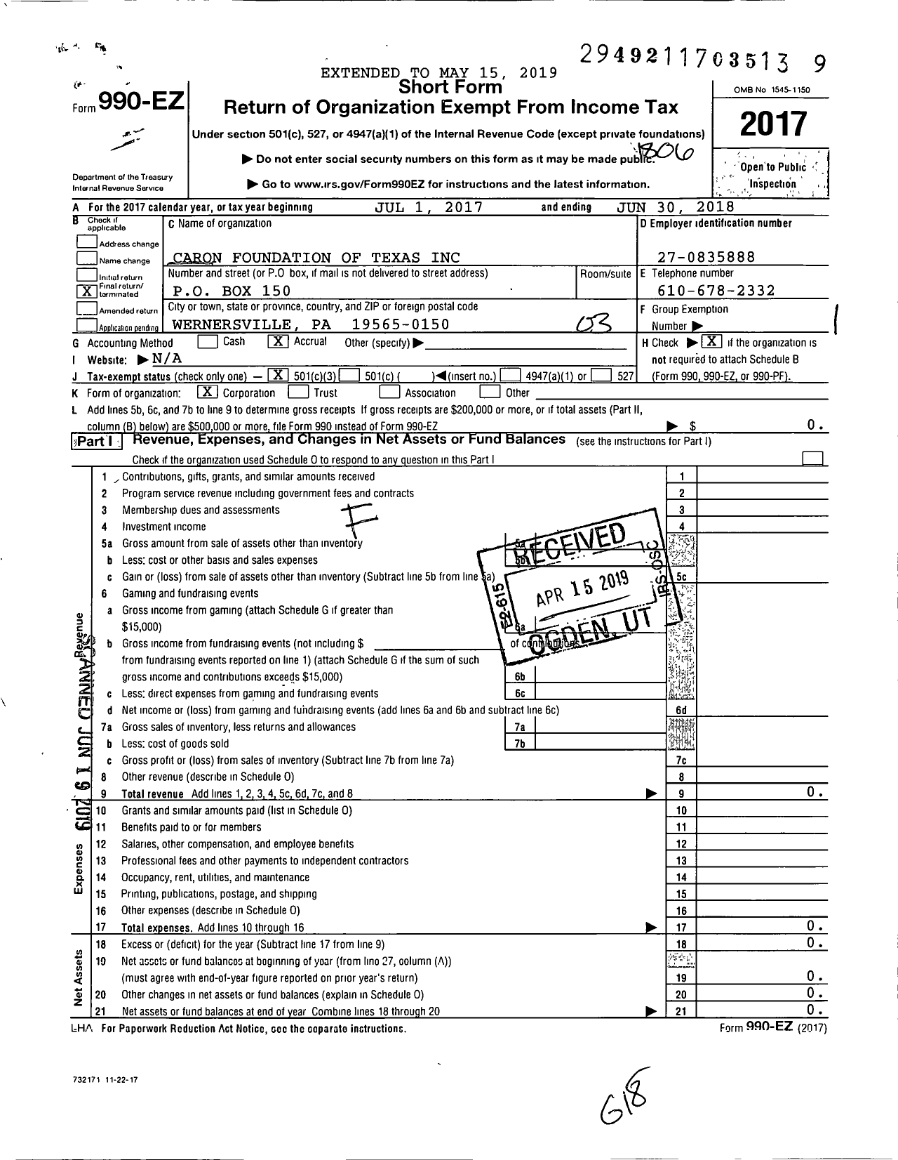 Image of first page of 2017 Form 990EZ for Caron Foundation of Texas