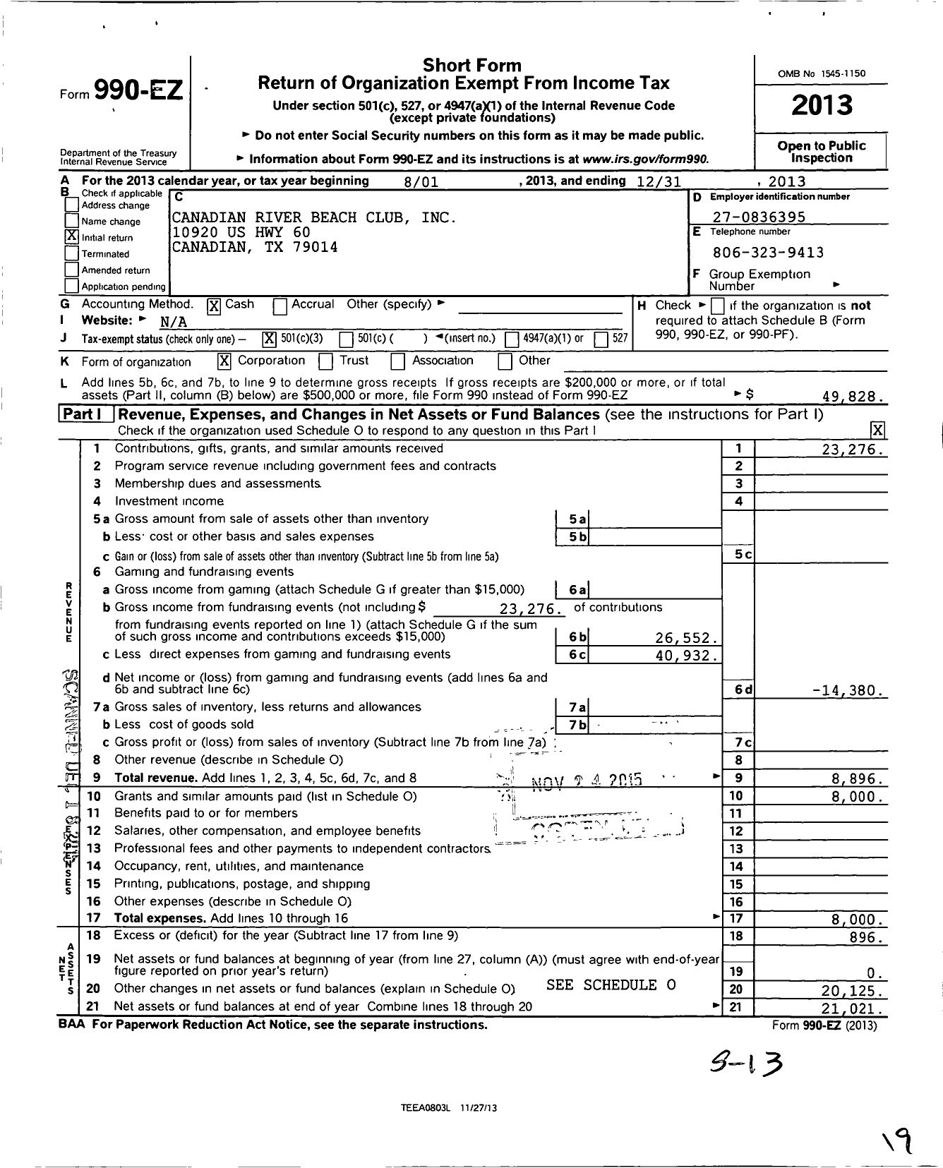 Image of first page of 2013 Form 990EZ for Canadian River Beach Club (CRBC)